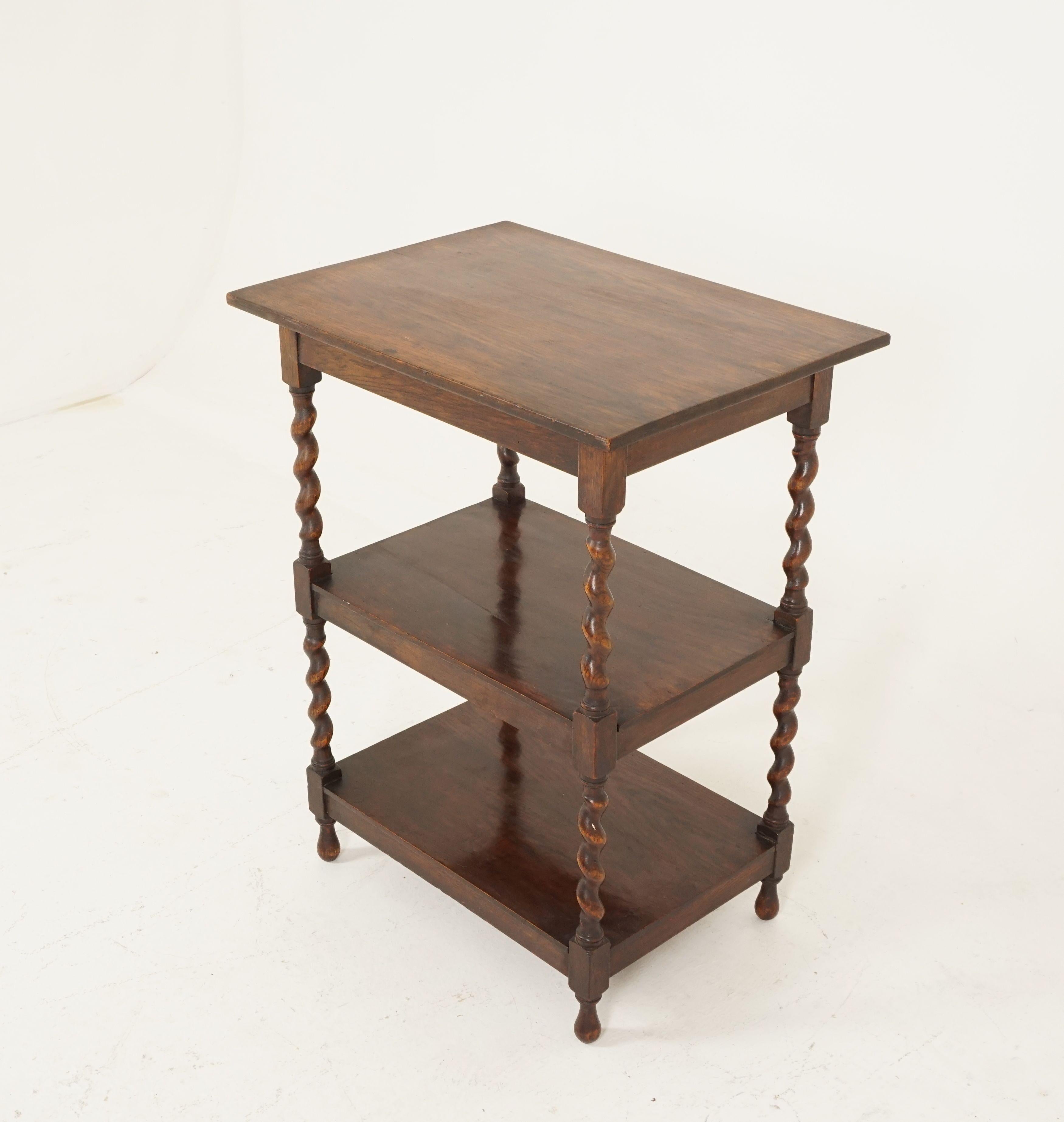 Antique barley twist 3 tier tiger oak table, side or lamp, Scotland 1910, B2349

Scotland, 1920
Solid oak
Original finish
Rectangular top
Four barley twist supports
Pair of shelves underneath
Ending on turned feet
Nice colour and in good