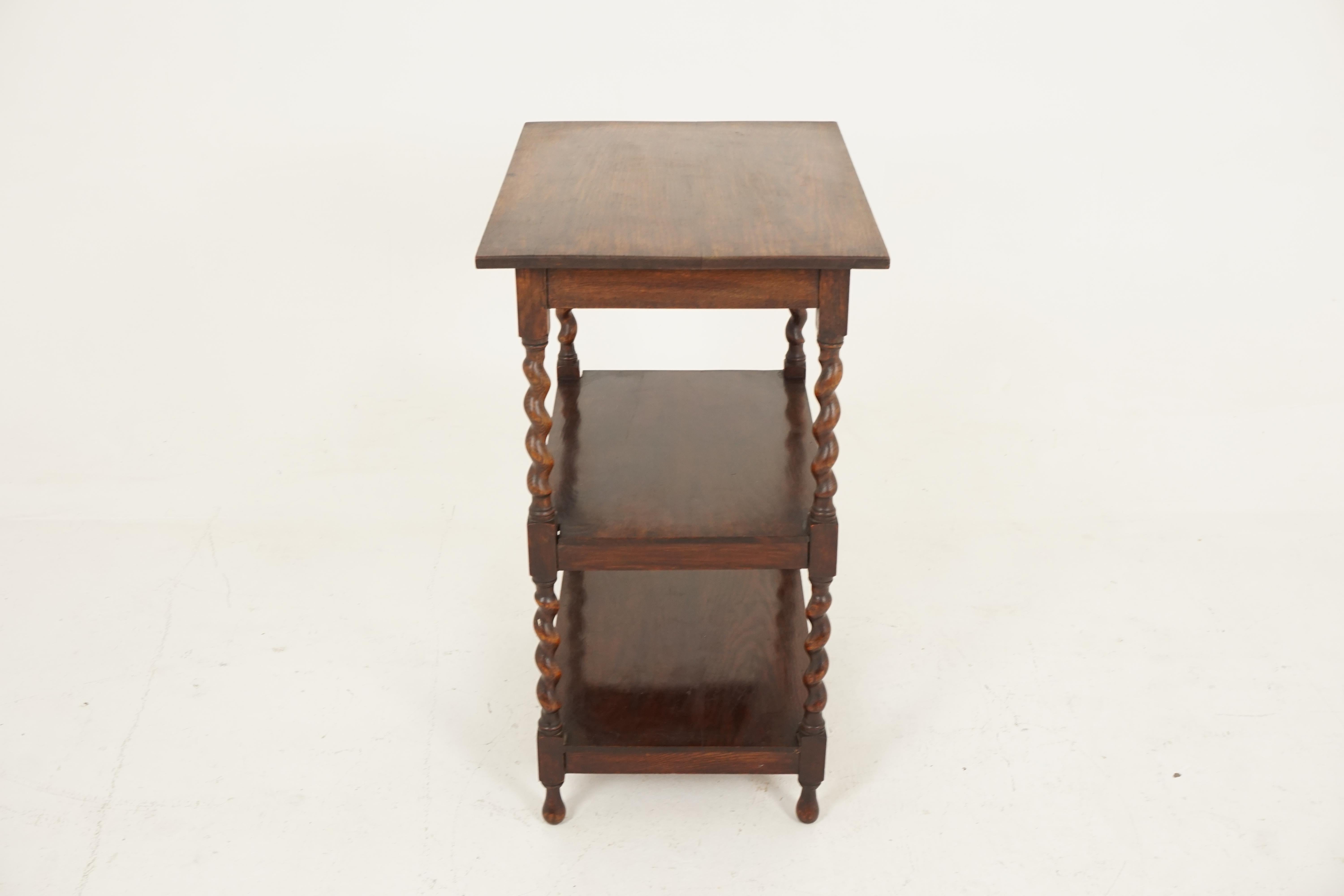 Hand-Crafted Antique Barley Twist 3 Tier Tiger Oak Table, Side or Lamp, Scotland 1910, B2349