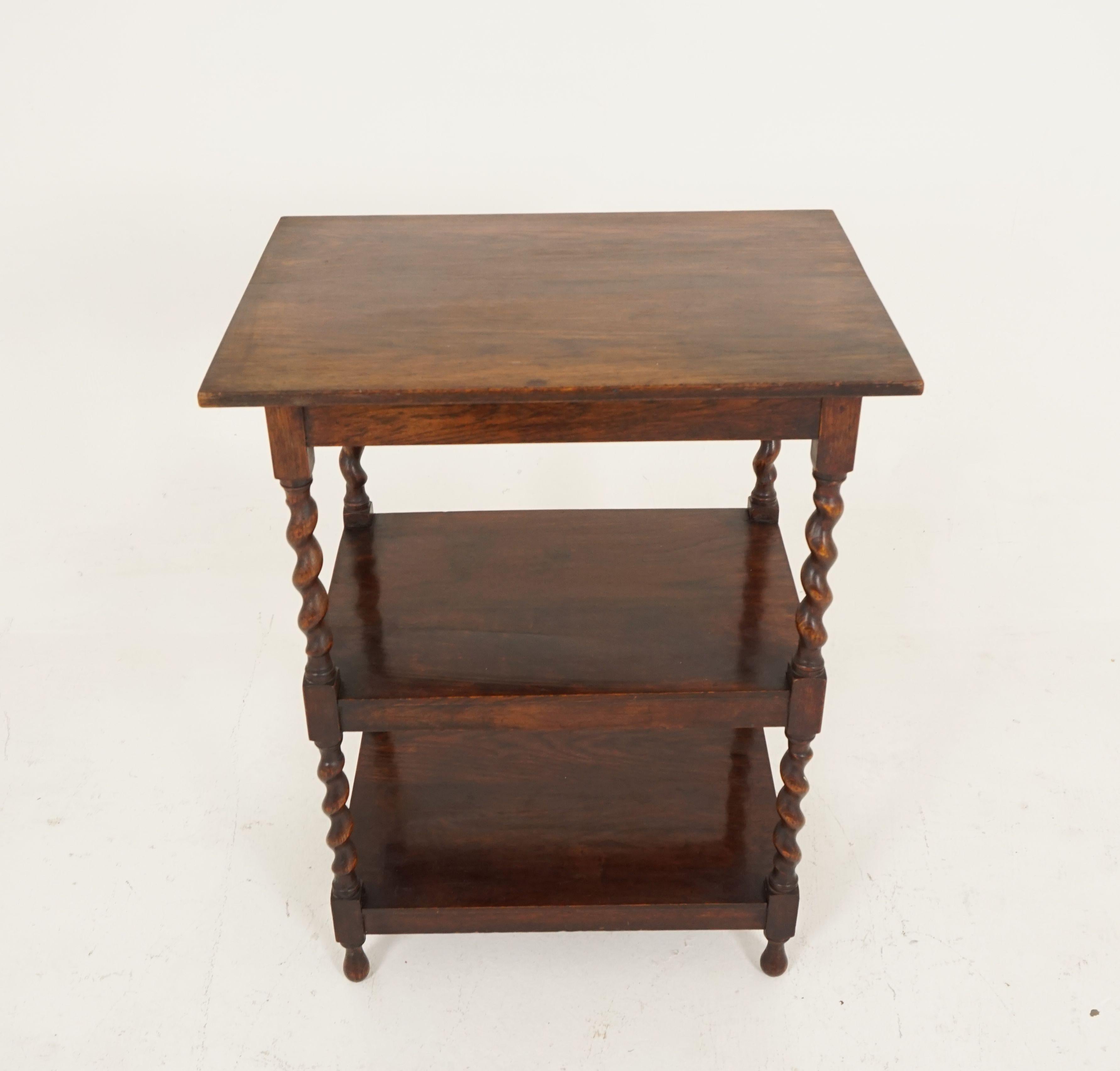 Antique Barley Twist 3 Tier Tiger Oak Table, Side or Lamp, Scotland 1910, B2349 In Good Condition In Vancouver, BC