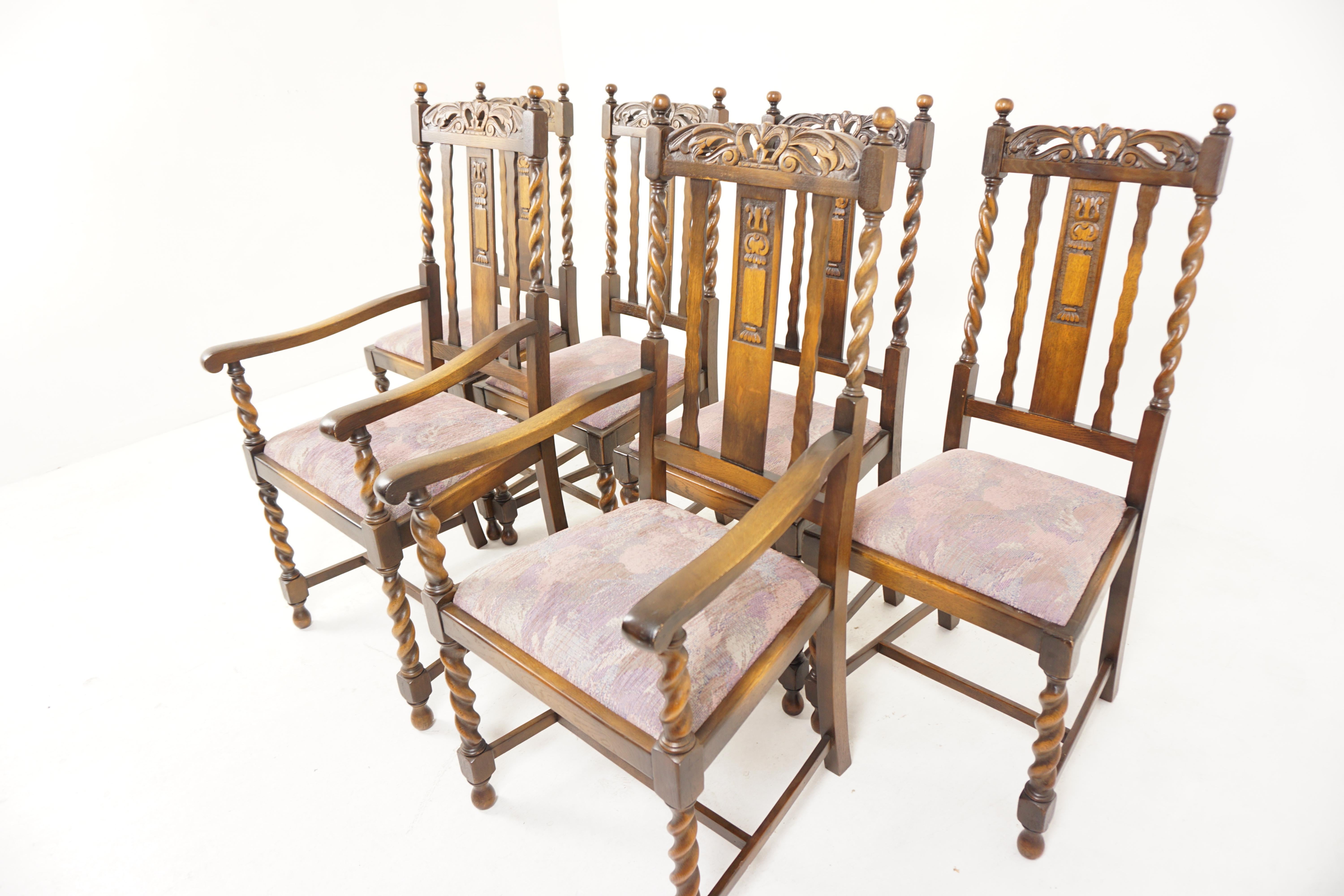 Antique barley twist cared oak dining chairs 4+2, Scotland 1920, B2920

Scotland 1920 
Solid oak 
Original finish
Carved top rail
Pair of barley twist supports with finials to the top
Carved vertical slat to the back
Upholstered lift out