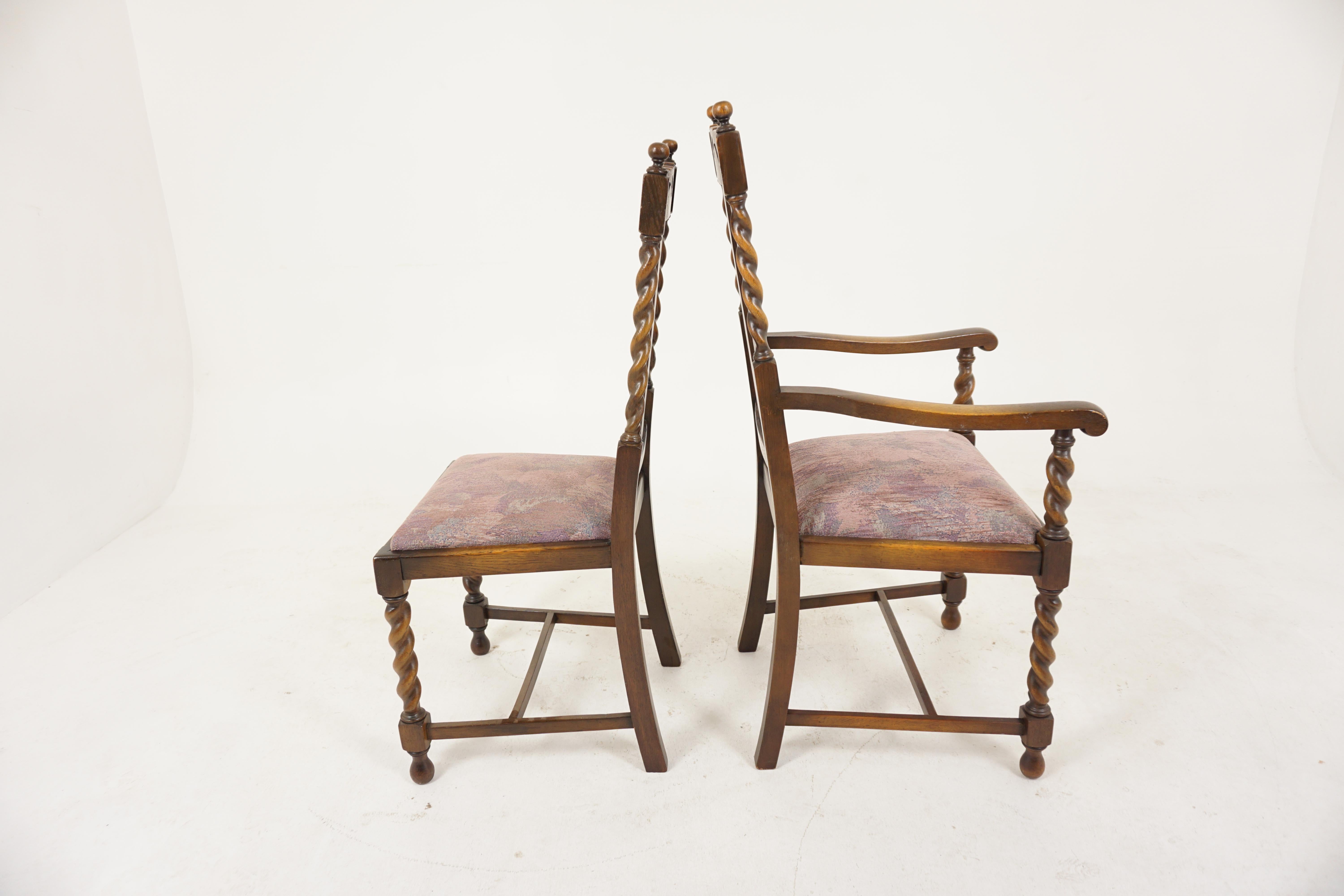 Early 20th Century Antique Barley Twist Cared Oak Dining Chairs 4+2, Scotland 1920, B2920