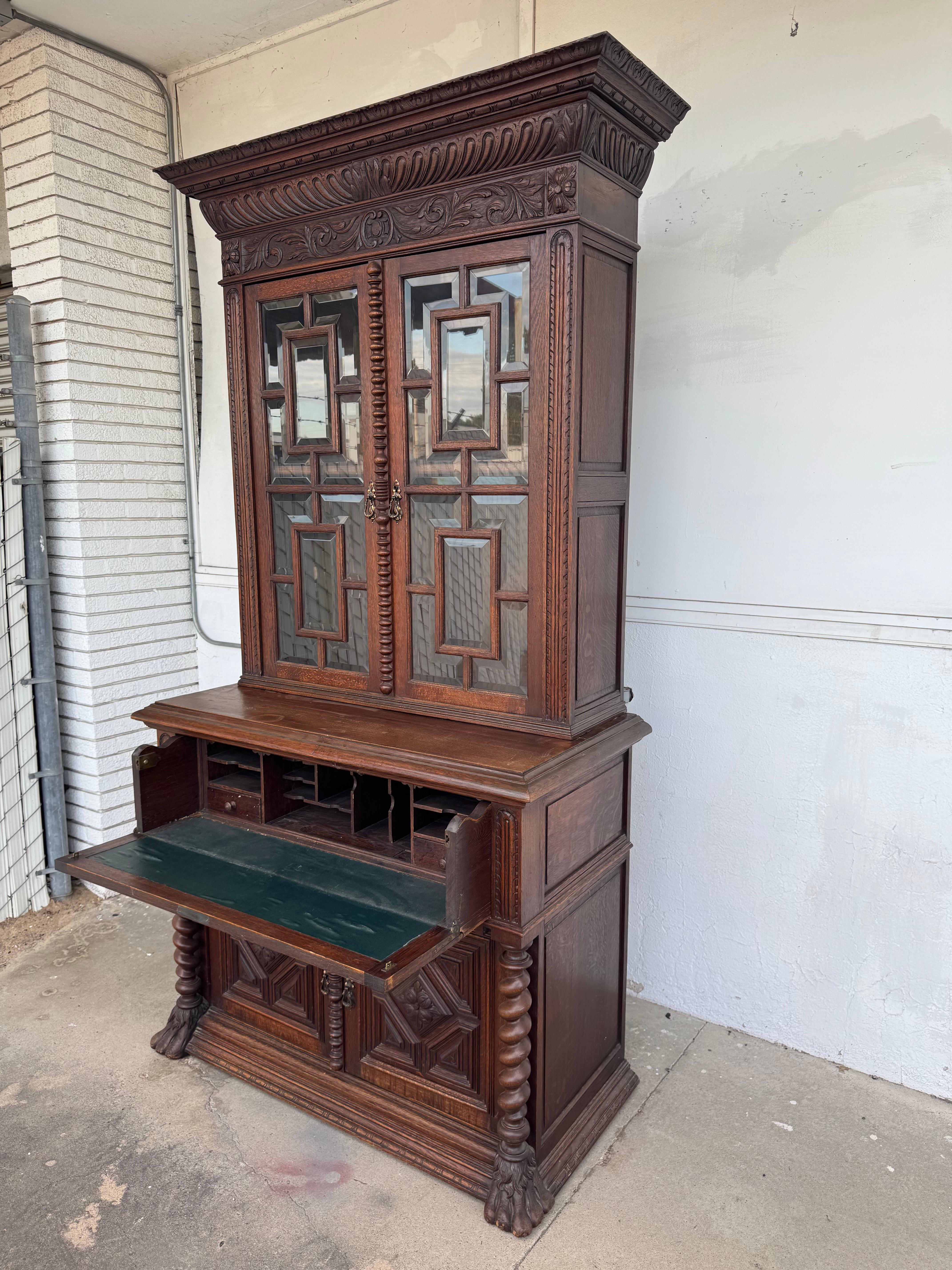 Estetismo Antique Barley Twist English Oak Secretary with Display Cabinet in vendita