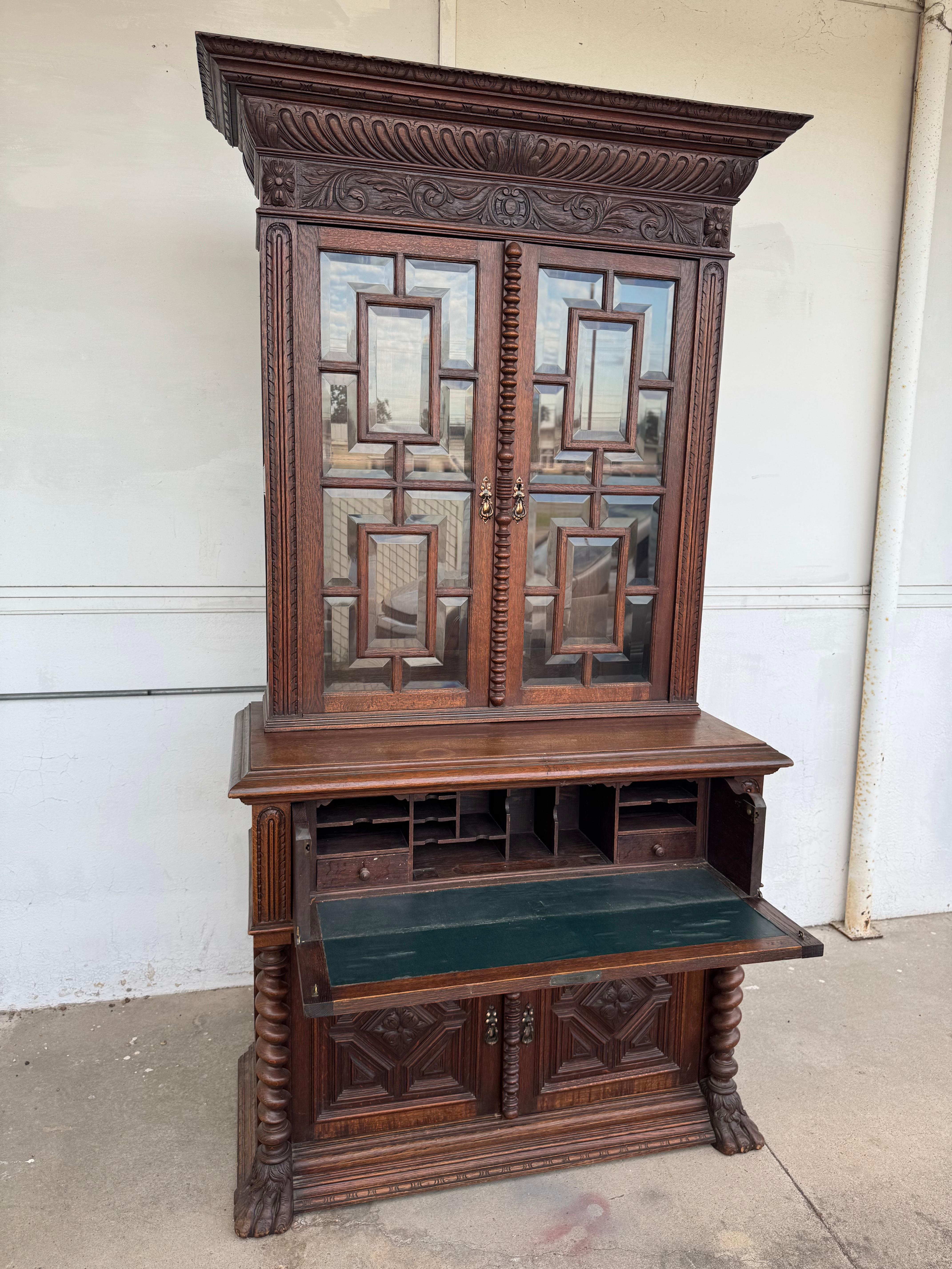 Inglese Antique Barley Twist English Oak Secretary with Display Cabinet in vendita