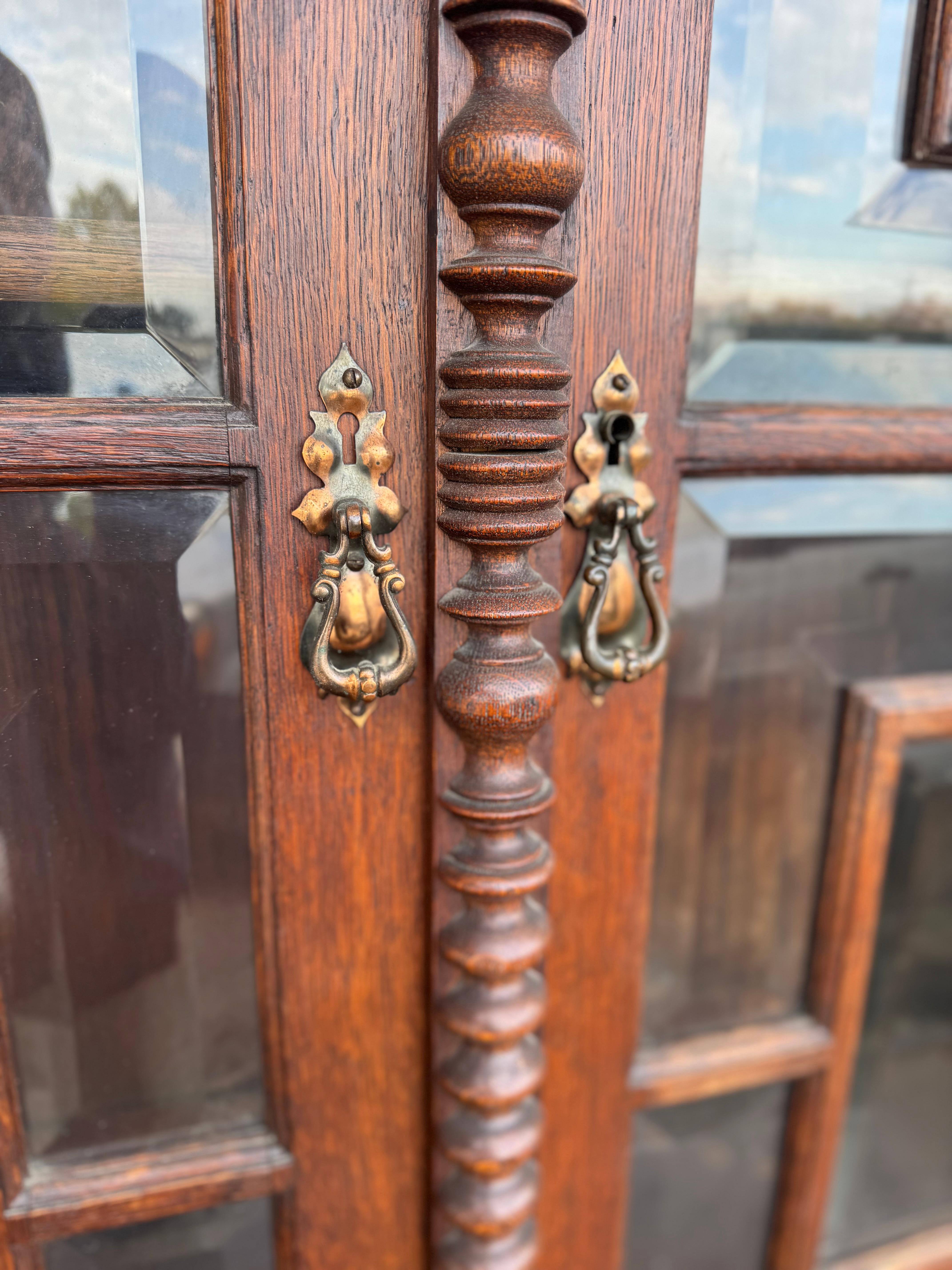 Traforo Antique Barley Twist English Oak Secretary with Display Cabinet in vendita