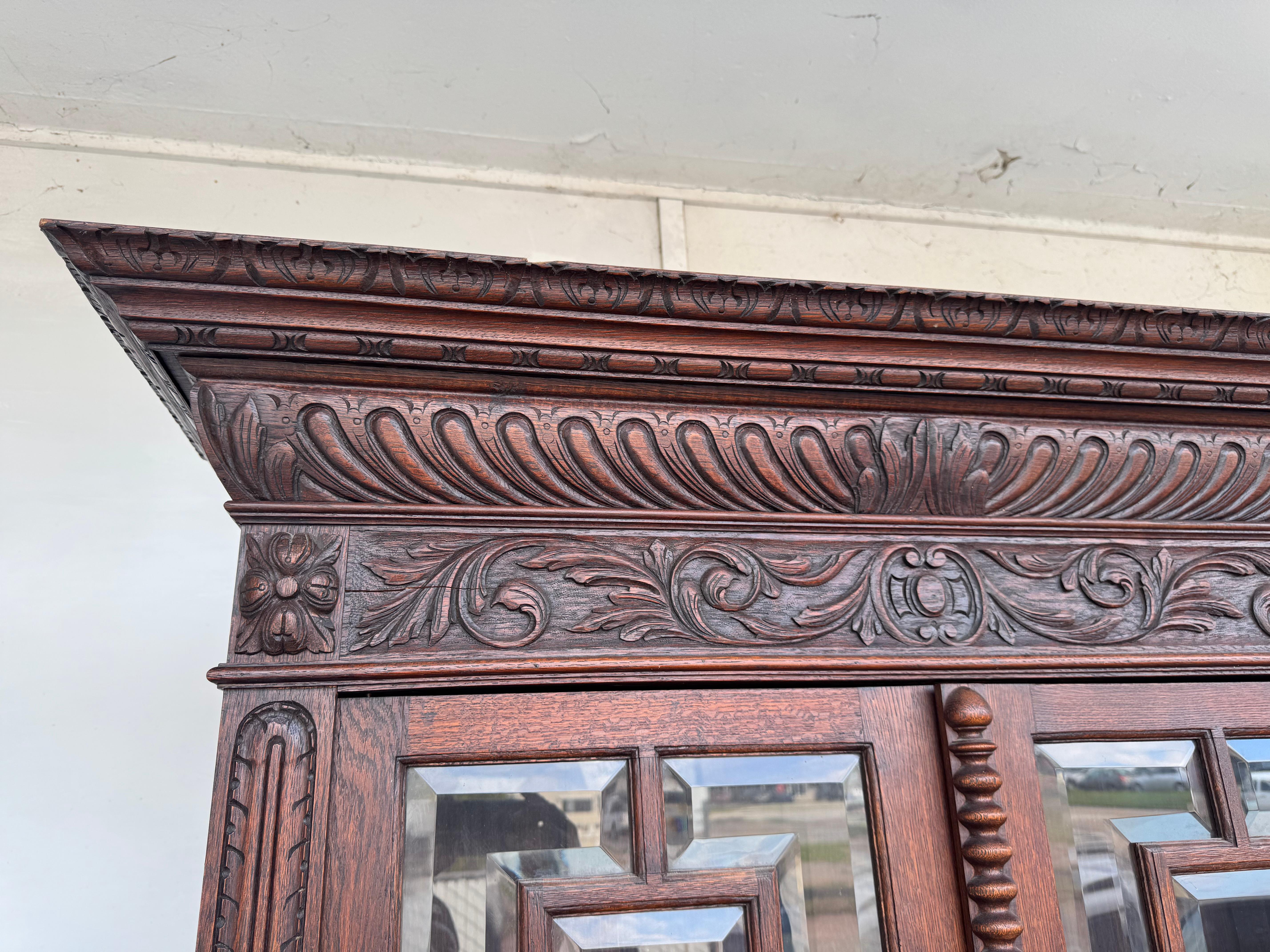 XIX secolo Antique Barley Twist English Oak Secretary with Display Cabinet in vendita