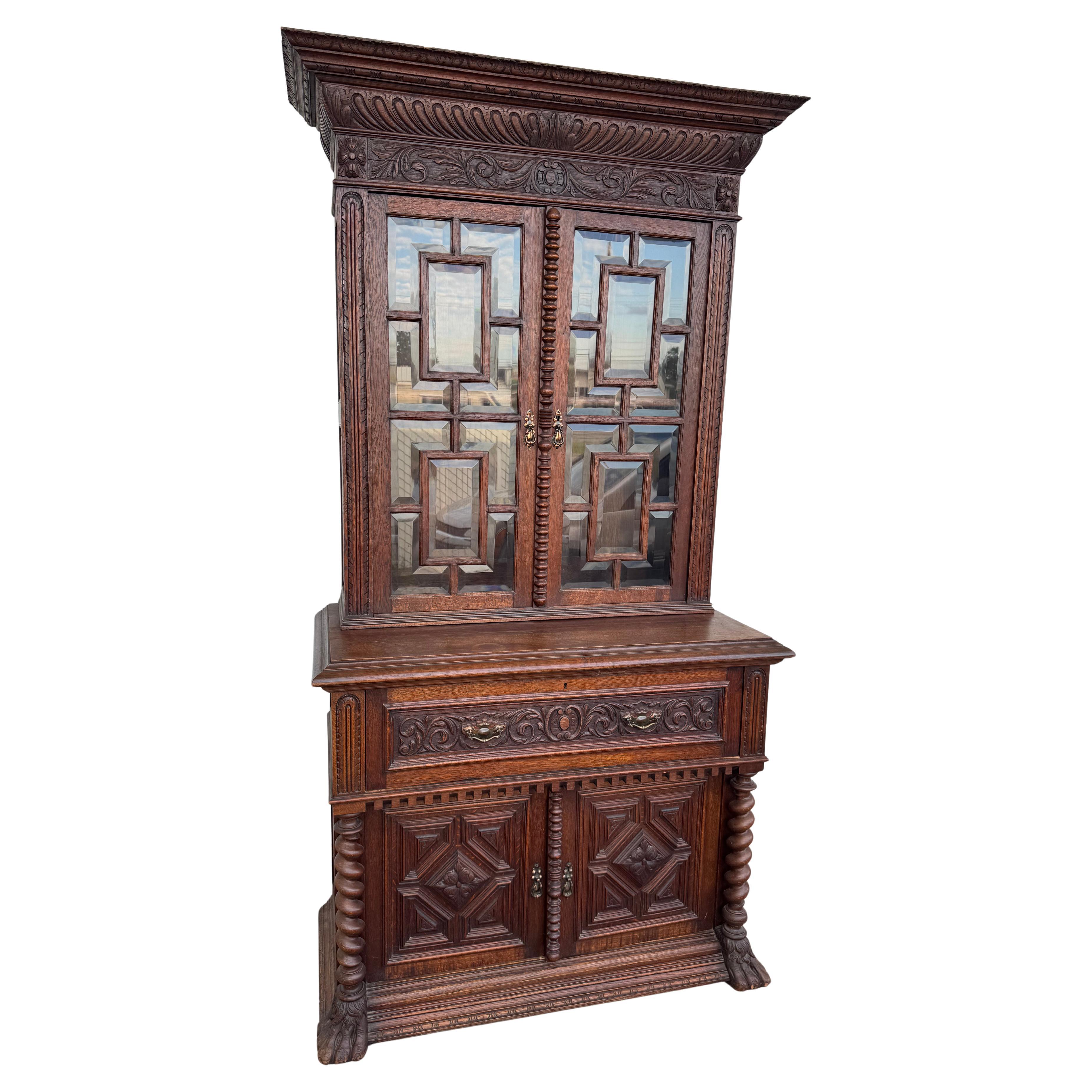 Antique Barley Twist English Oak Secretary with Display Cabinet in vendita
