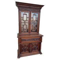 Antique Barley Twist English Oak Secretary with Display Cabinet