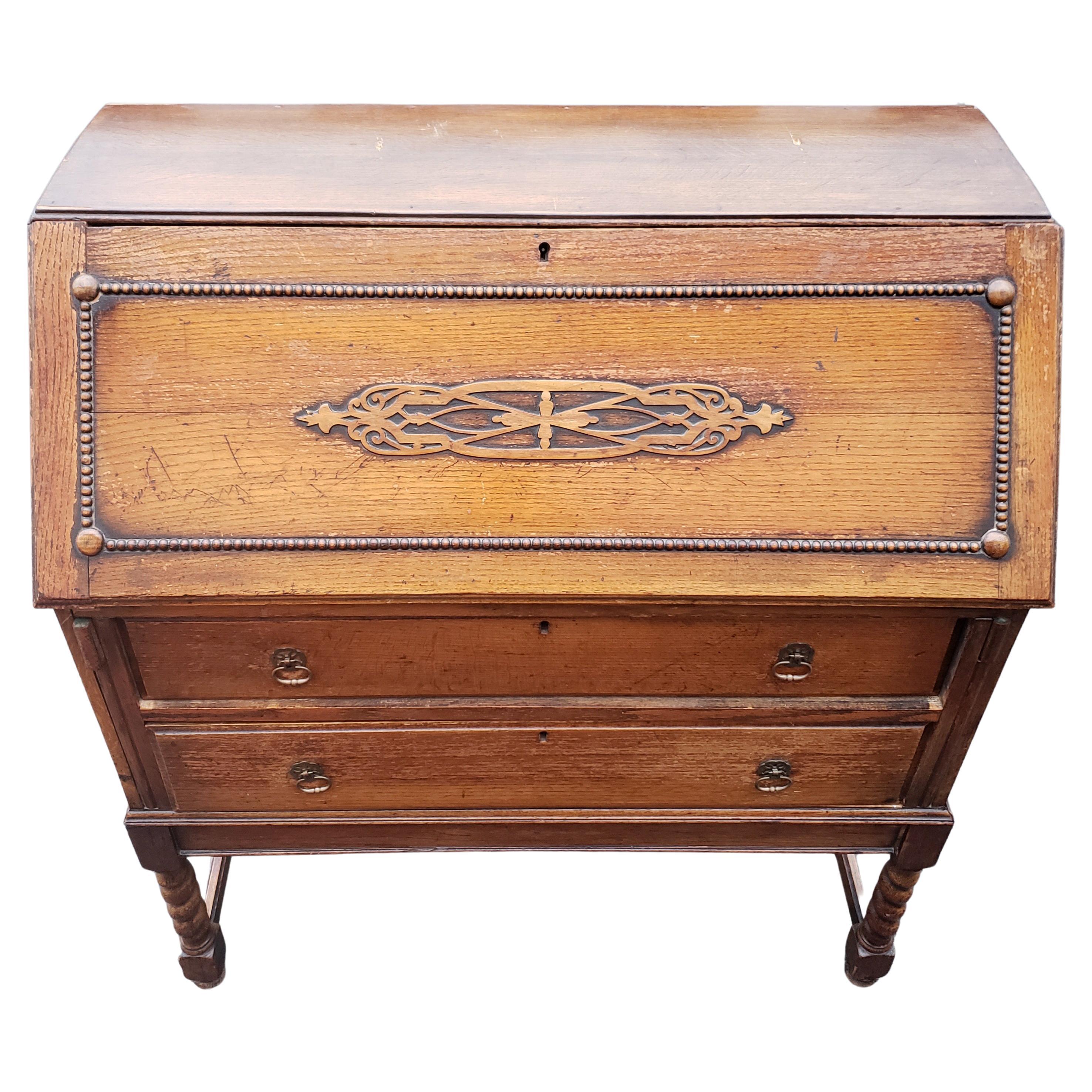 Antique Barley Twist Jacobean Desk Secretary Drop Front Oak Bureau, circa 1890s 3