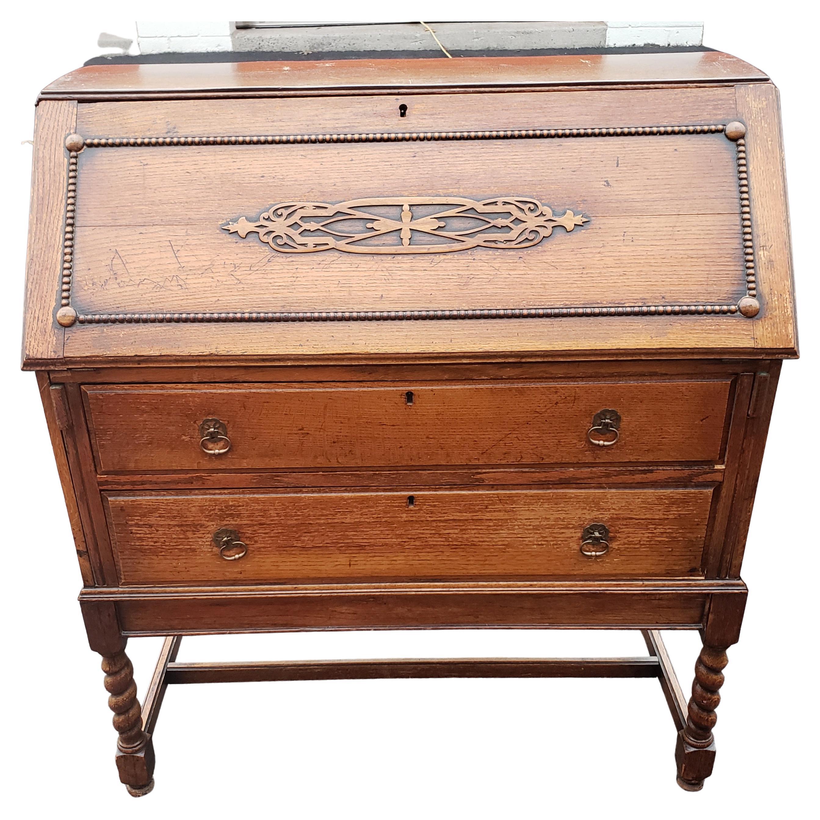 Antique Barley Twist Jacobean Desk Secretary Drop Front Oak Bureau, circa 1890s 4