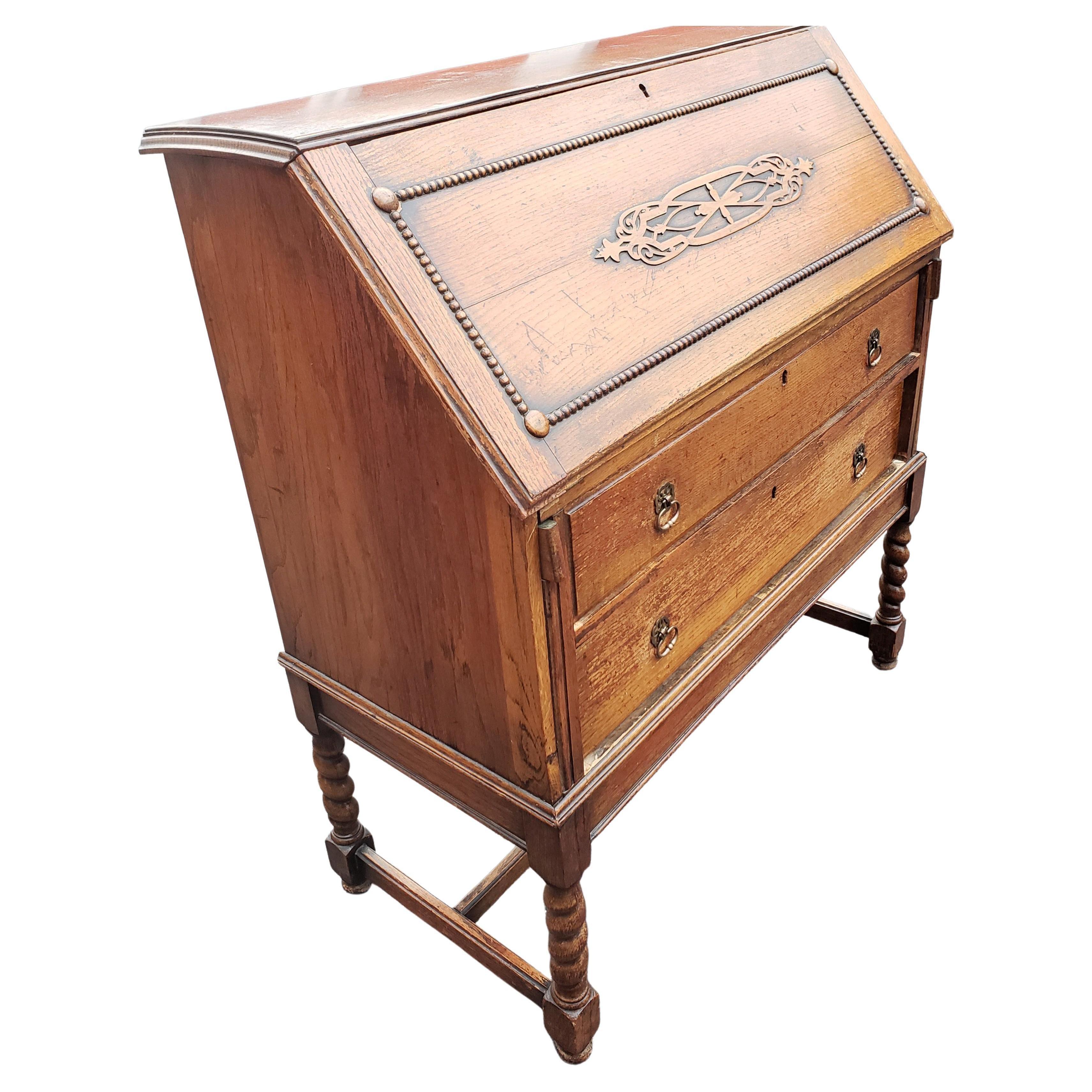 North American Antique Barley Twist Jacobean Desk Secretary Drop Front Oak Bureau, circa 1890s