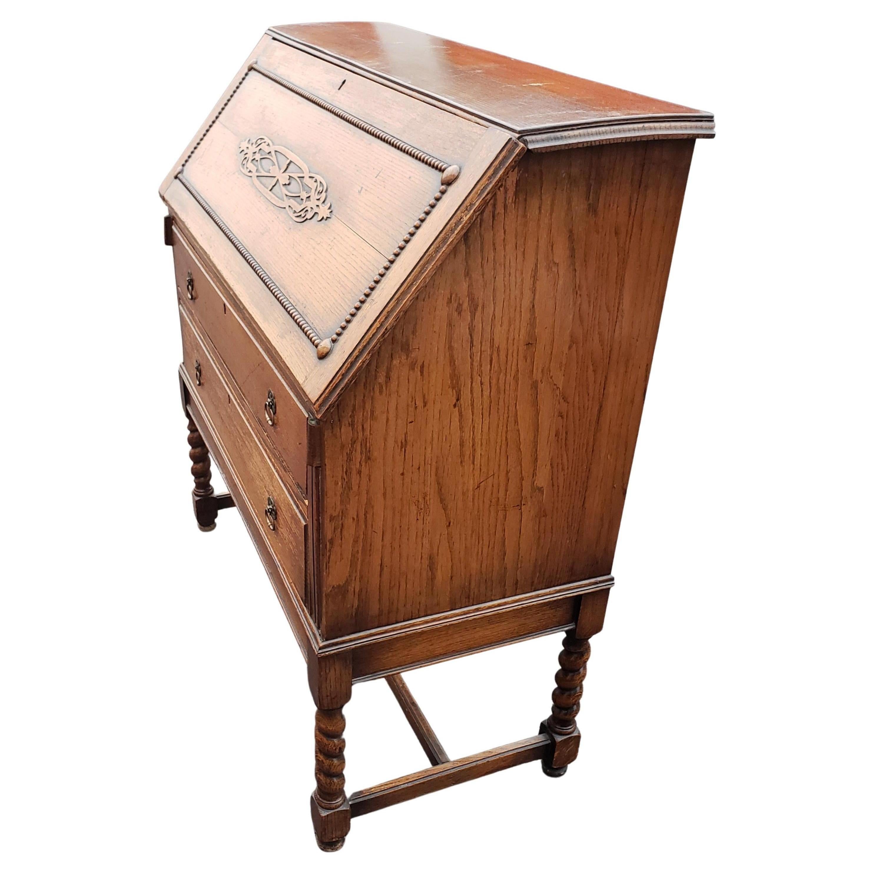 Hand-Crafted Antique Barley Twist Jacobean Desk Secretary Drop Front Oak Bureau, circa 1890s
