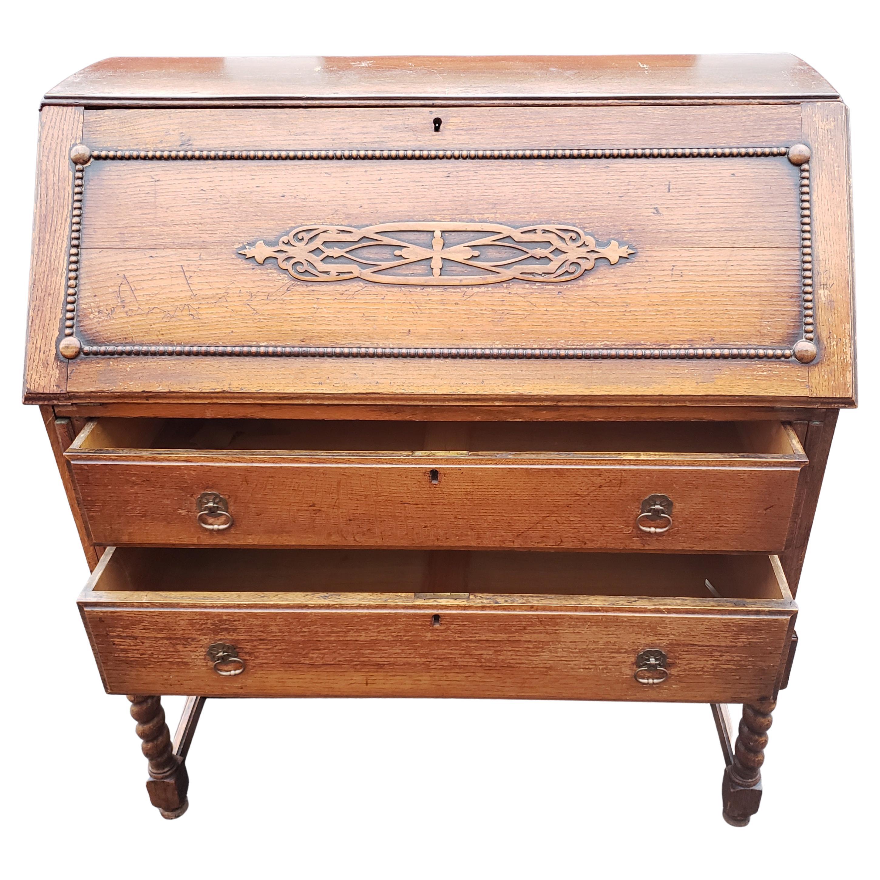 Antique Barley Twist Jacobean Desk Secretary Drop Front Oak Bureau, circa 1890s 2