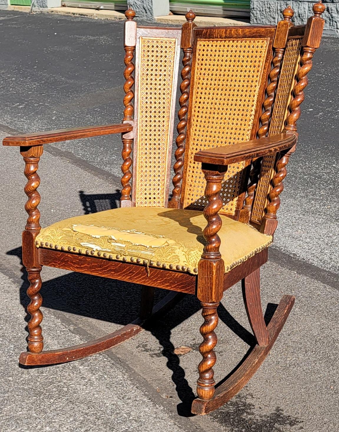 Antique Barley Twist Mission Oak 3-Panel Caned Back Rocking Chair, C. 1900s 2