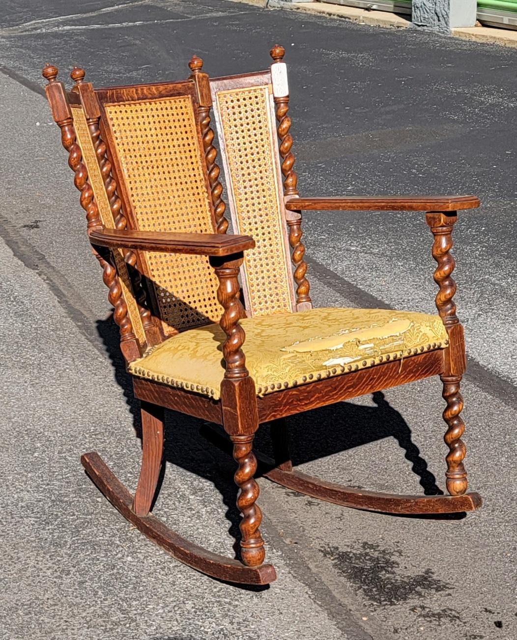 Antique Barley Twist Mission Oak 3-Panel Caned Back Rocking Chair, C. 1900s 3