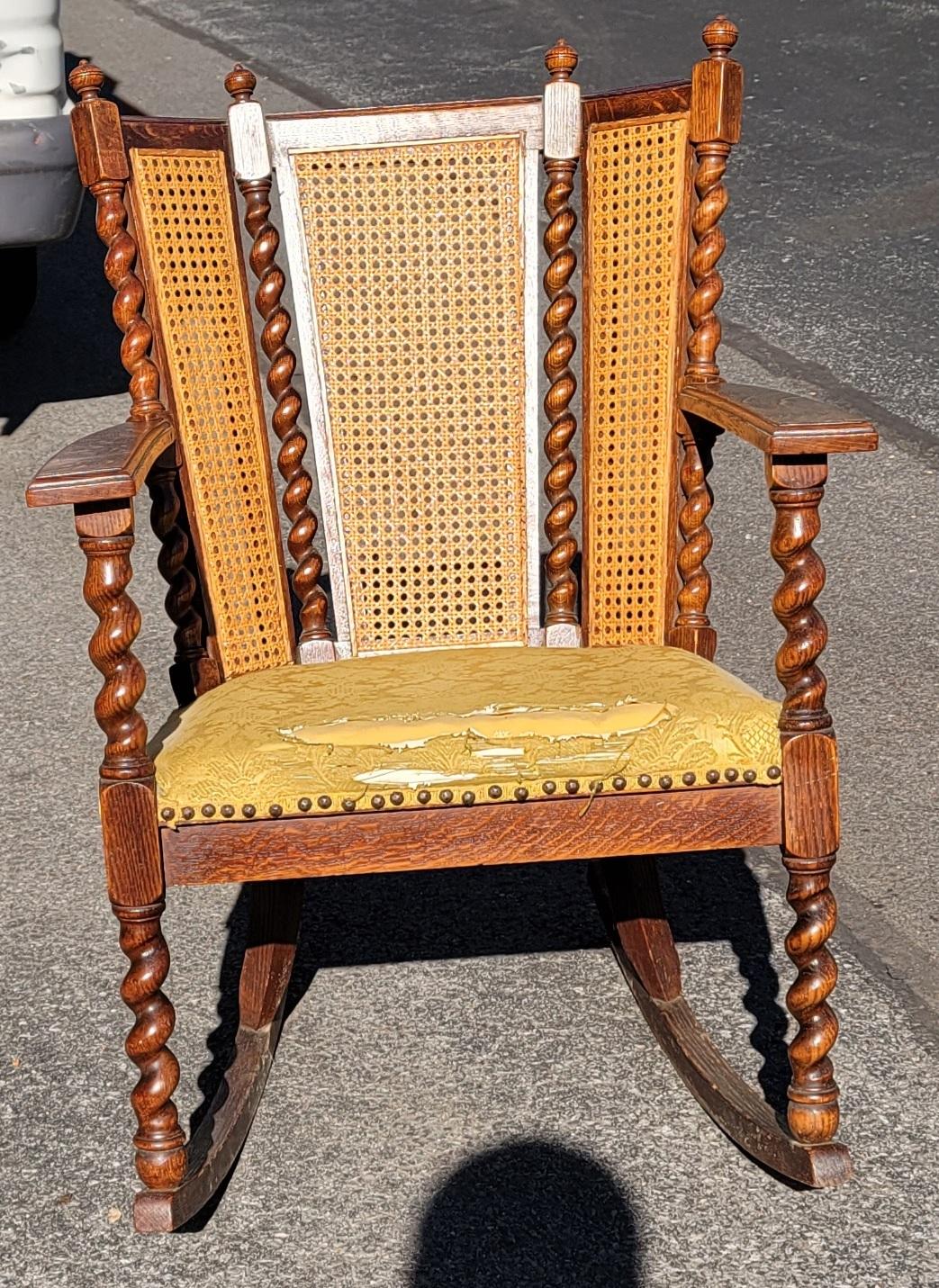 Antique Barley Twist Mission Oak 3-Panel Caned Back Rocking Chair, C. 1900s 4