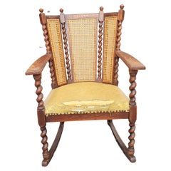 Antique Barley Twist Mission Oak 3-Panel Caned Back Rocking Chair, C. 1900s