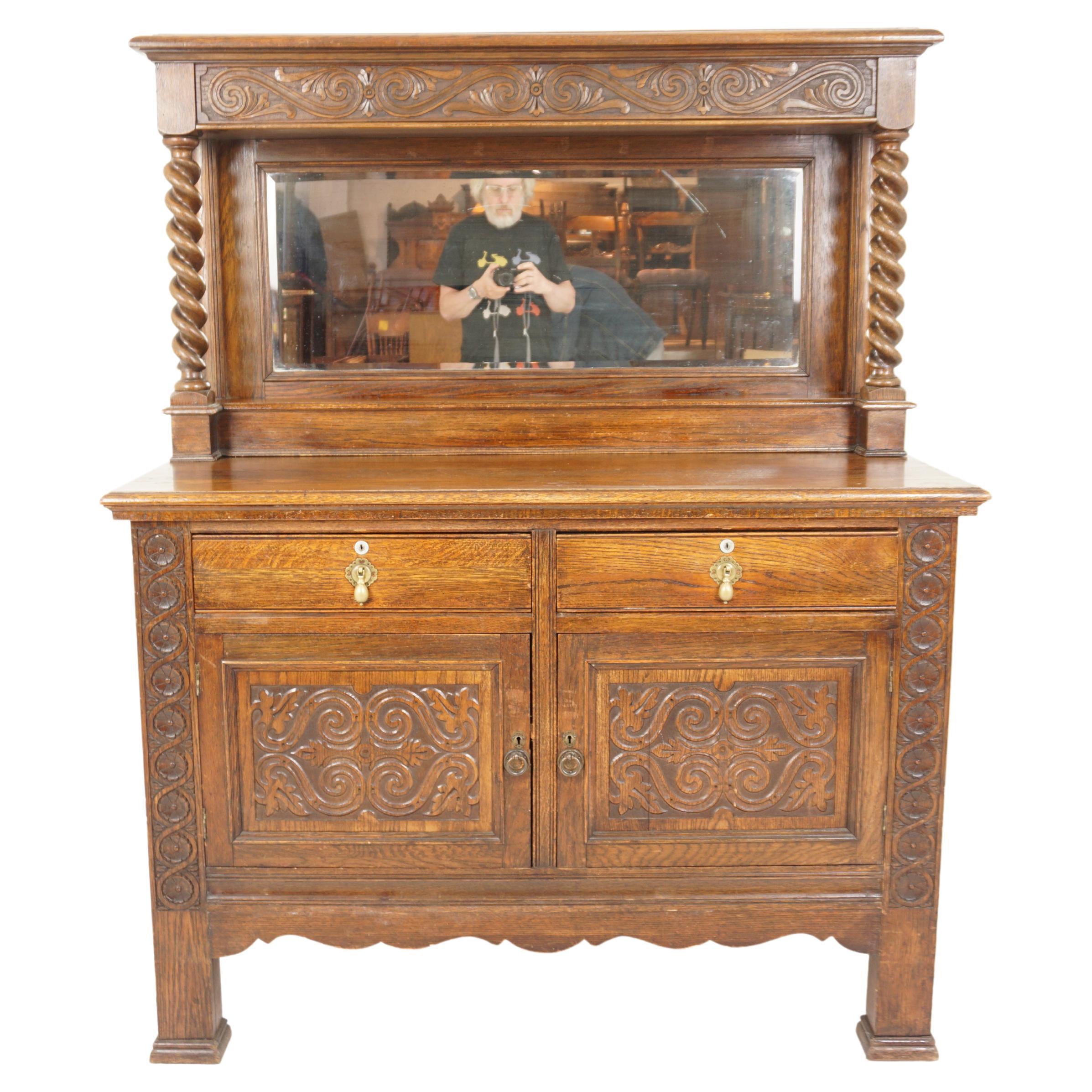 Antique Barley Twist Oak Mirror Back Sideboard, Buffet, Scotland 1910, H390