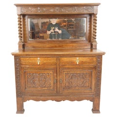 Antique Barley Twist Oak Mirror Back Sideboard, Buffet, Scotland 1910, H390