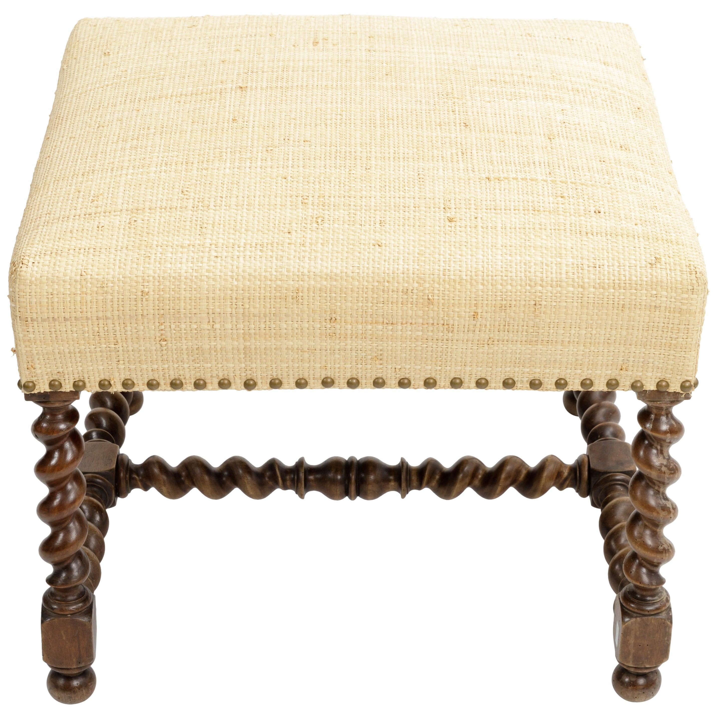 Antique Barley Twist Stool with Cream Linen Upholstery, Europe, 19th Century