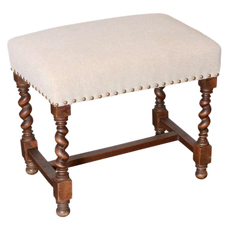 Antique Upholstered Barley Twist Stool, France, Early 20th Century For Sale