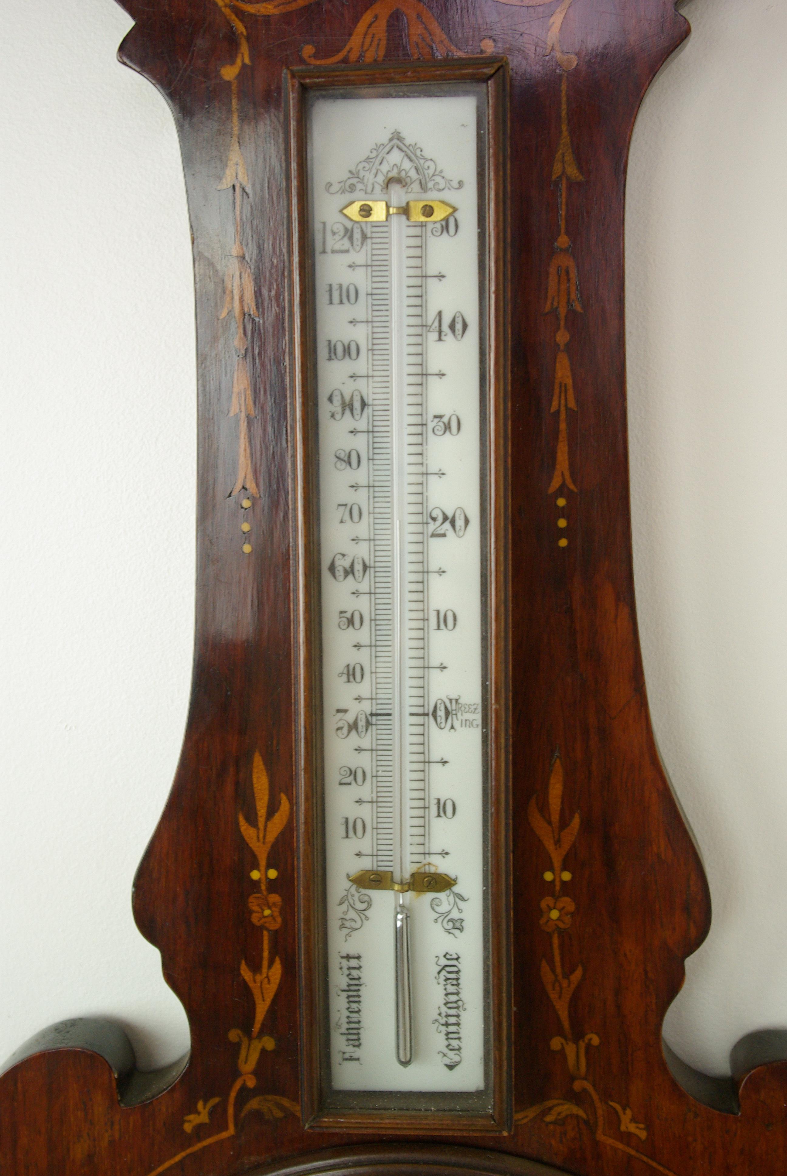 Antique Barometer, Aneroid Barometer, Carved Inlaid Barometer, Scotland, B1235 In Good Condition In Vancouver, BC