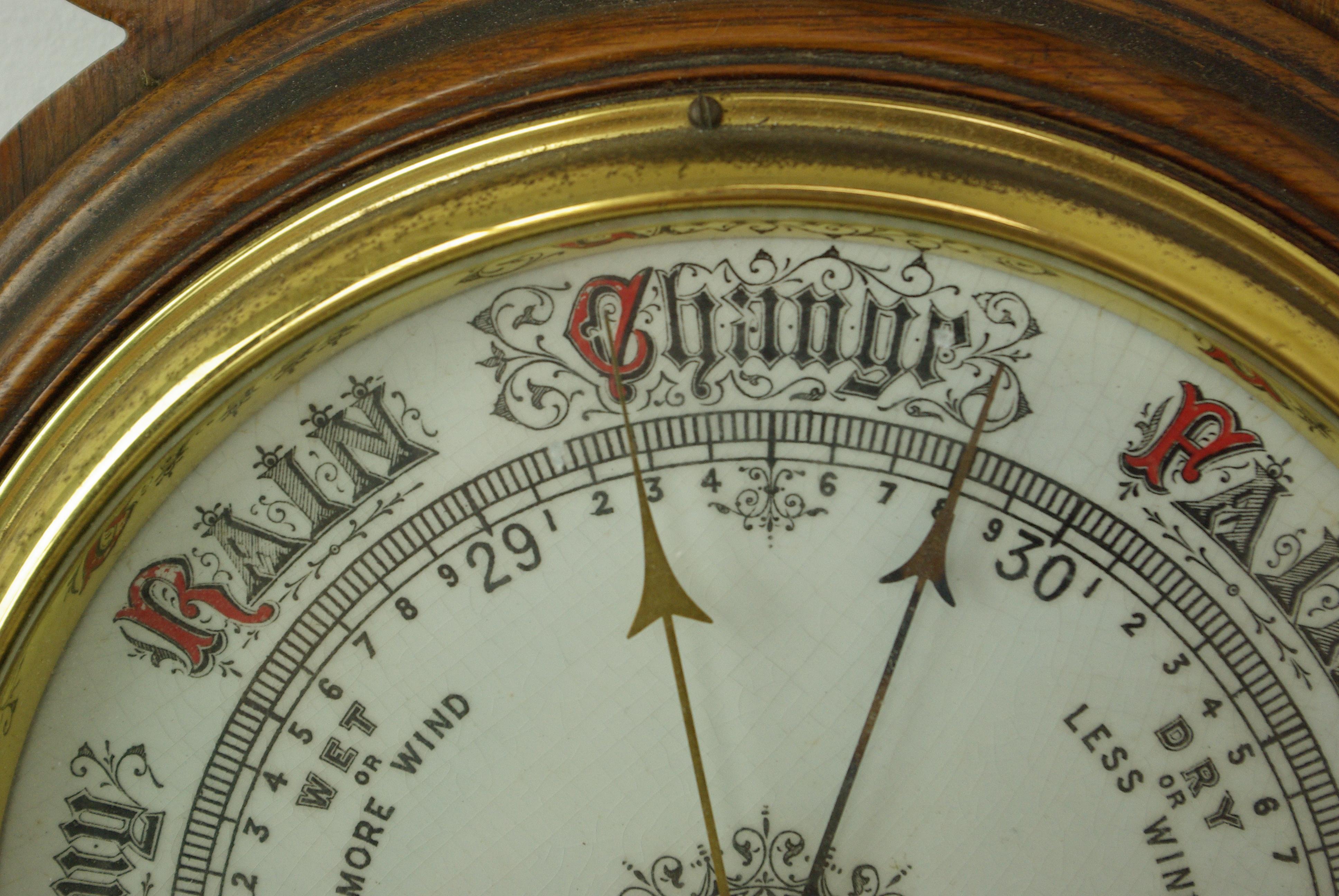 Antique barometer, Aneroid barometer, Decorative Barometer, Carved Oak Barometer, Scotland, 1890, antique furniture, B1282A

Scotland, 1880
Carved pediment top above
Thermometer below
Deep molded center circle into which barometer is