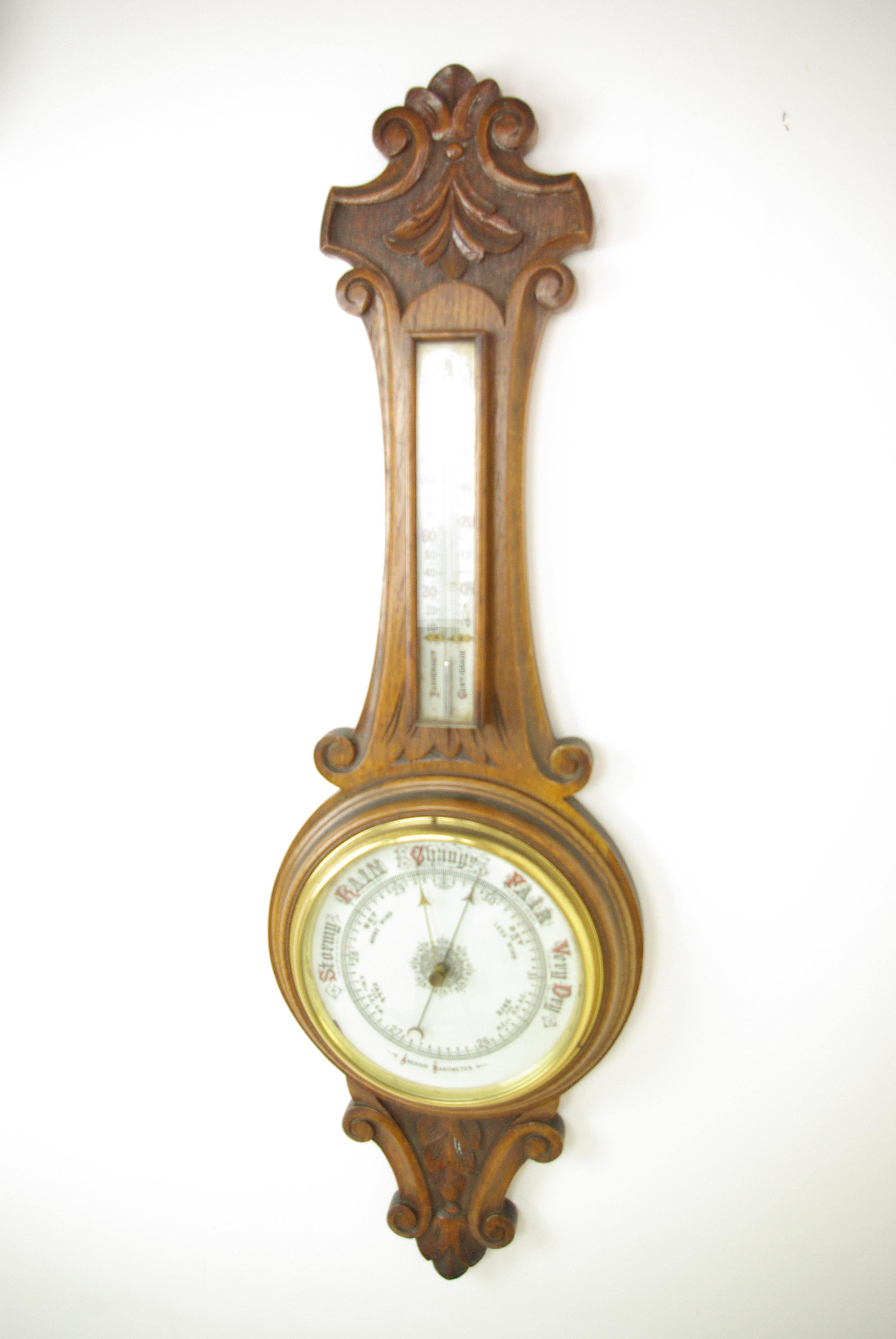 Antique Barometer, Aneroid Barometer, Carved Oak Barometer, Scotland 1890, B1282A In Good Condition In Vancouver, BC