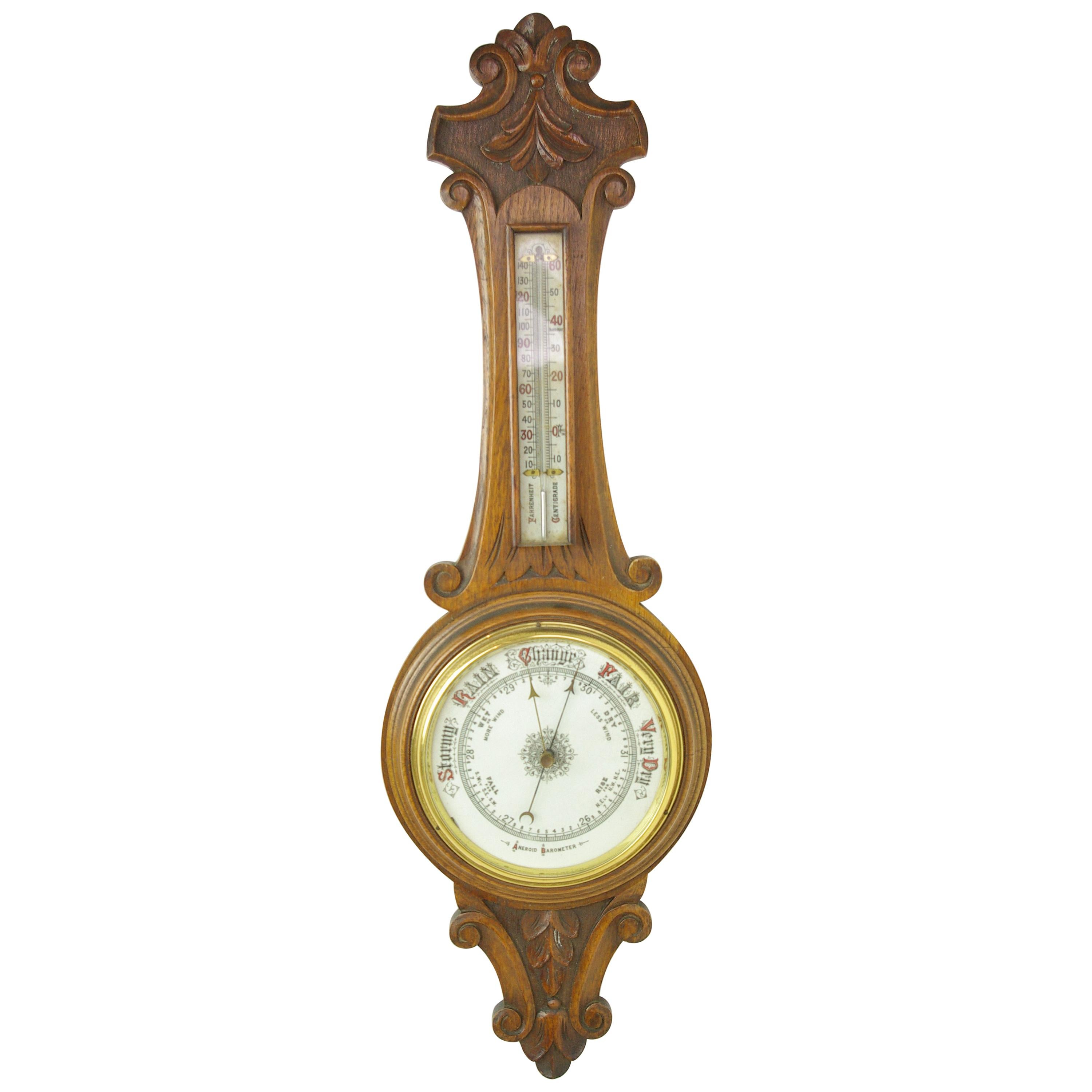 Antique Barometer, Aneroid Barometer, Carved Oak Barometer, Scotland 1890, B1282A