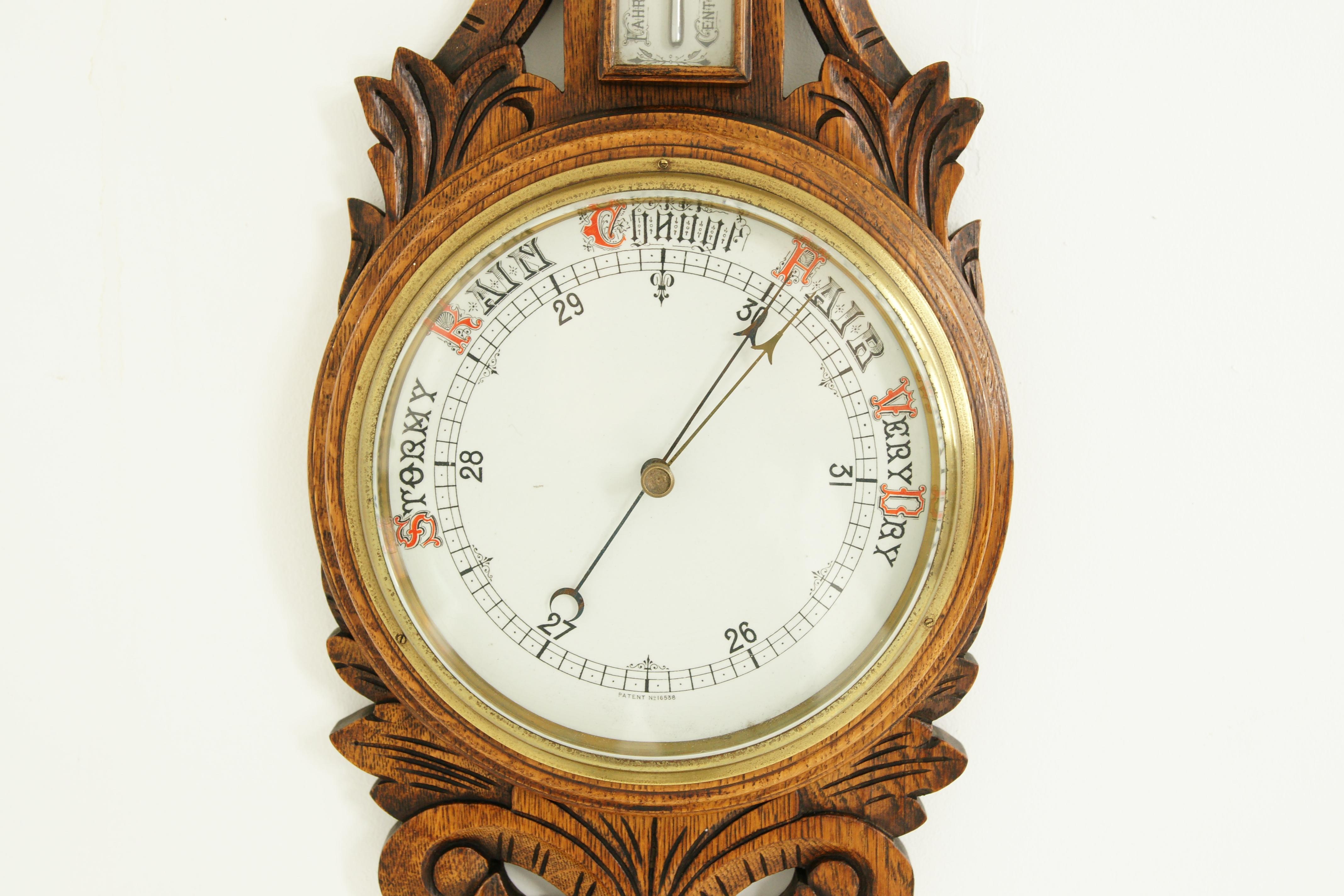 Antique barometer with thermometer, antique weather station, carved oak, Scotland 1890, antique furniture, B1340

Scotland, 1890
All original
Nicely carved decorative case
Thermometer to the top
Porcelain dial below
Appears to be in working