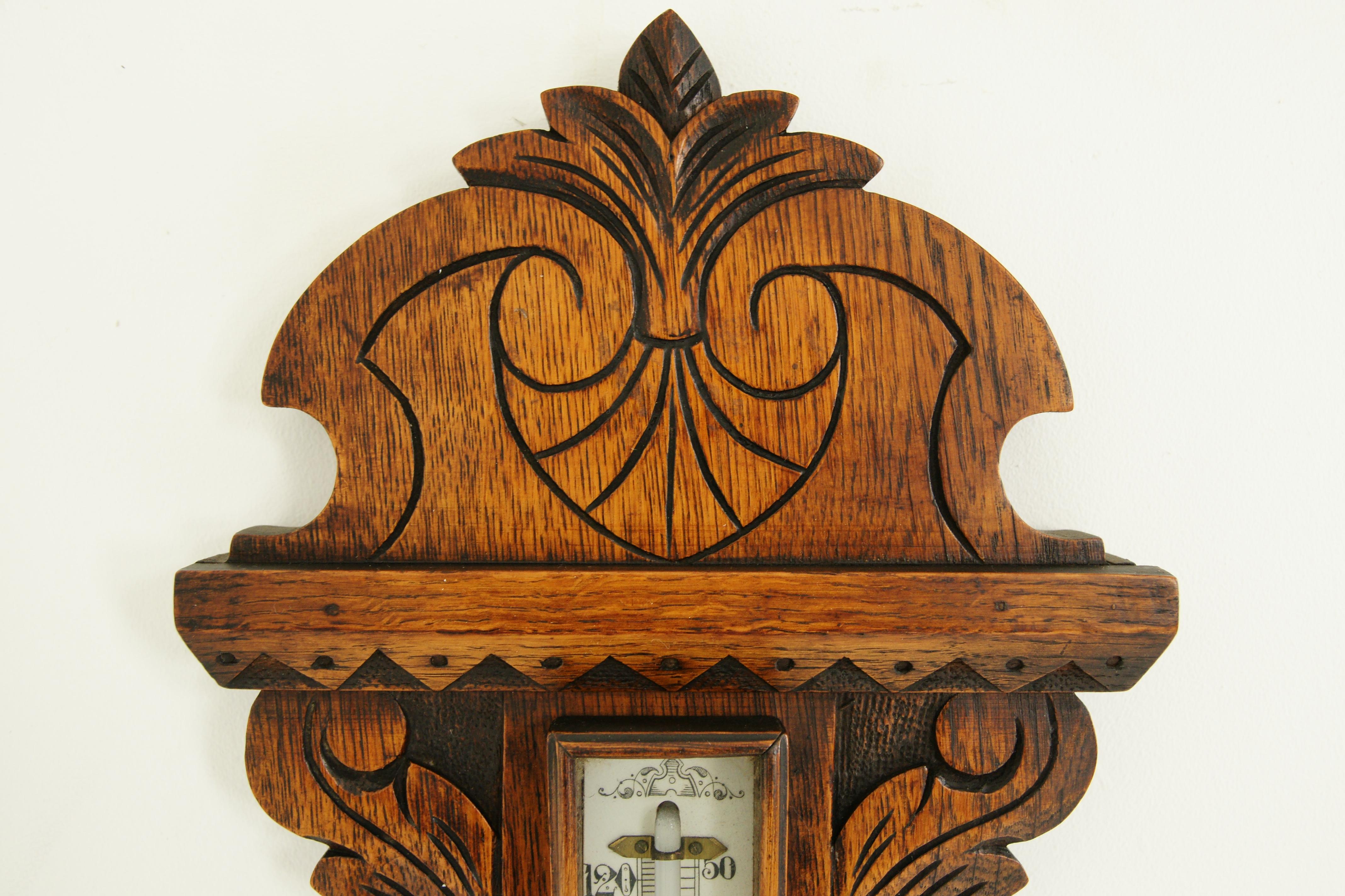 Hand-Crafted Antique Barometer, Antique Weather Station, Carved Oak, Scotland 1890, B1340