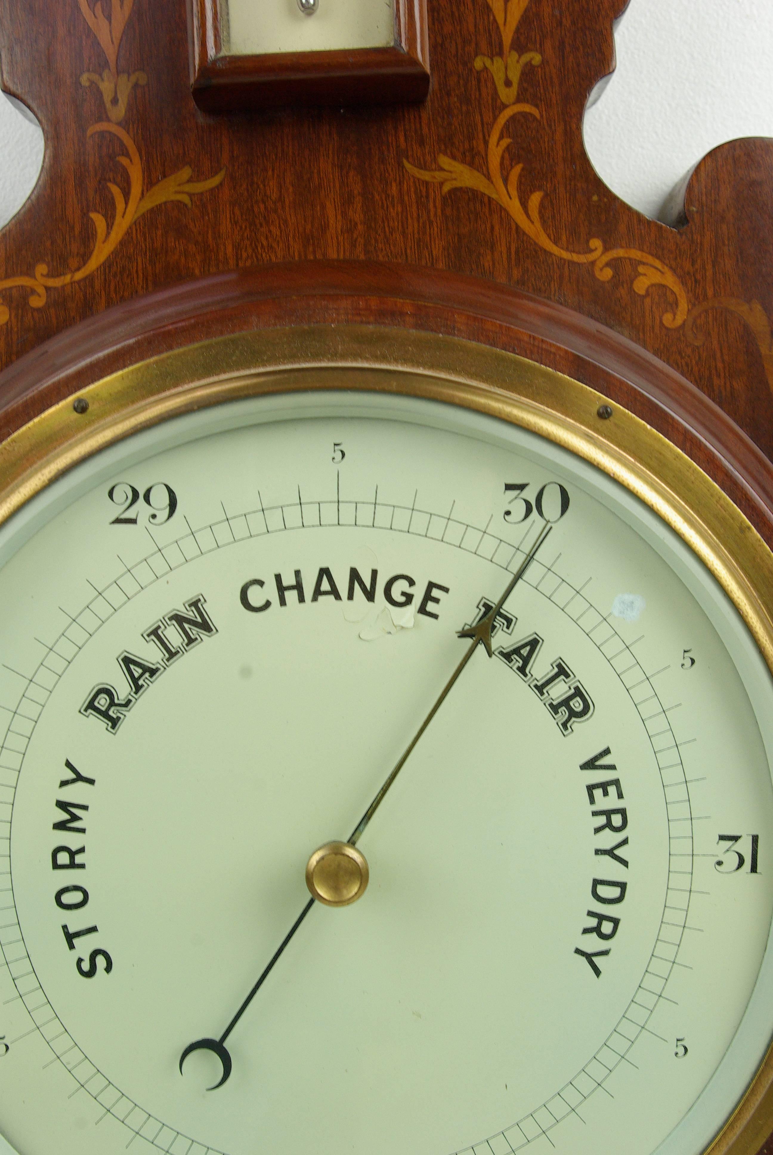 Antique barometer, decorative barometer, mahogany barometer, aneroid, Scotland, 1910, antique furniture, B1025

Scotland, 1910
Solid mahogany with satinwood inlay
Shaped top and body
Double thermometer (farenheit and centigrade) below
Brass