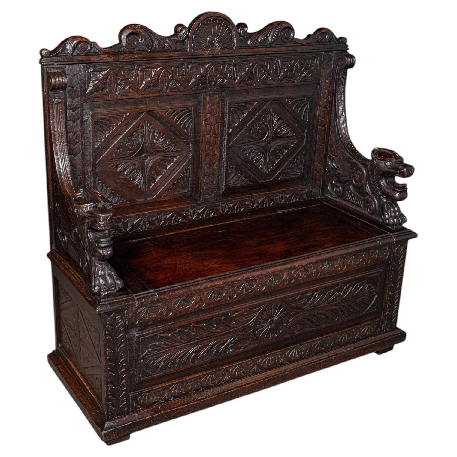 Antique Baronial Settle, Scottish, Carved Oak, Reception Hall Bench, Victorian