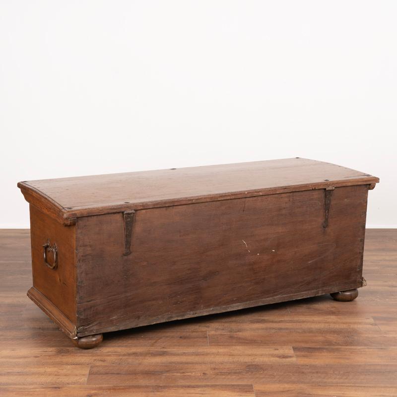Wrought Iron Antique Baroque 18th Century Oak Trunk With Carved Details For Sale