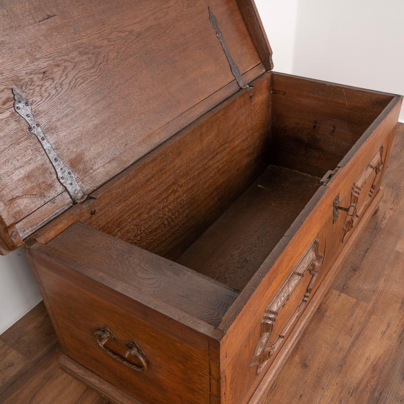 Antique Baroque 18th Century Oak Trunk With Carved Details For Sale 1