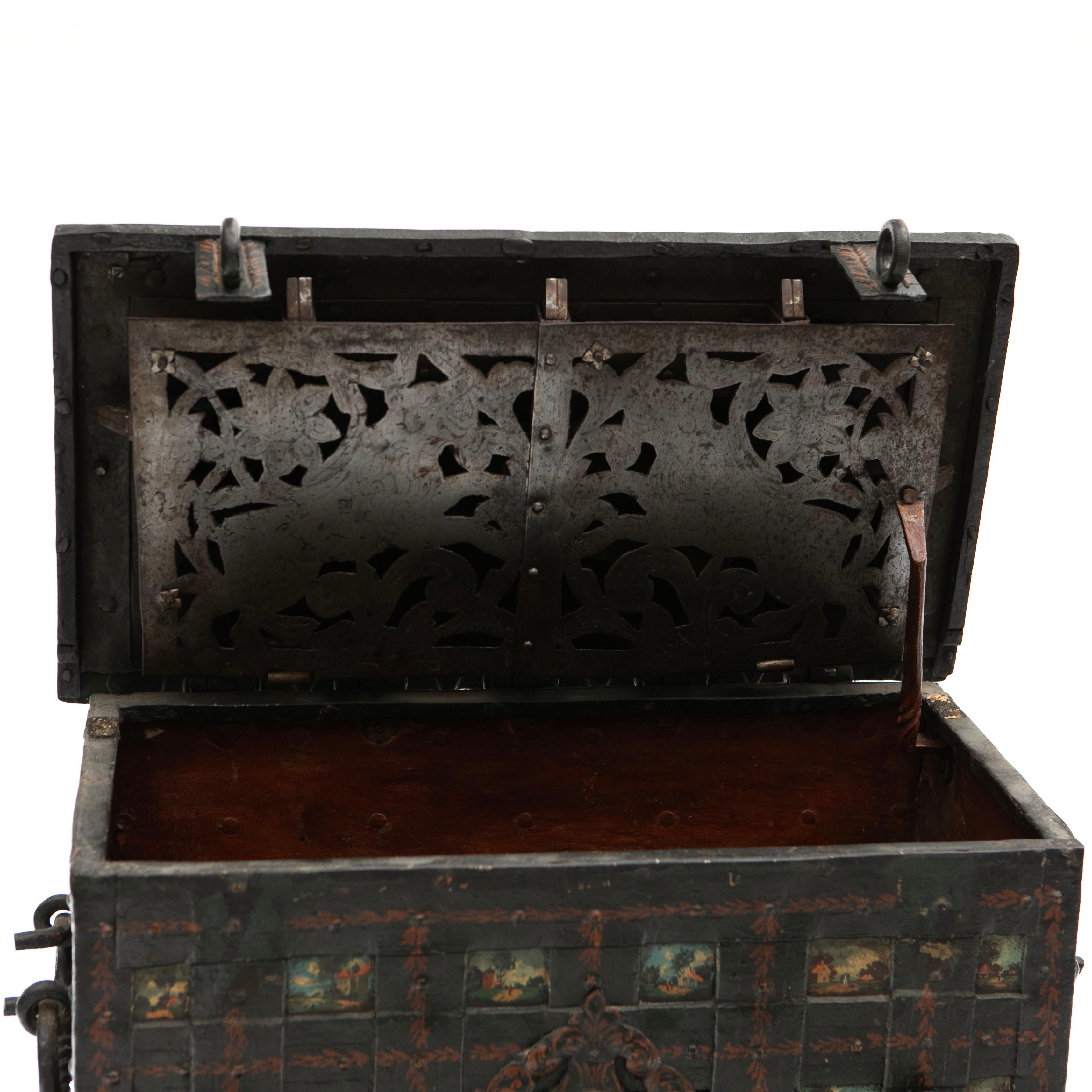 Baroque Amanda Iron Strongbox With Painted Decorations For Sale 9