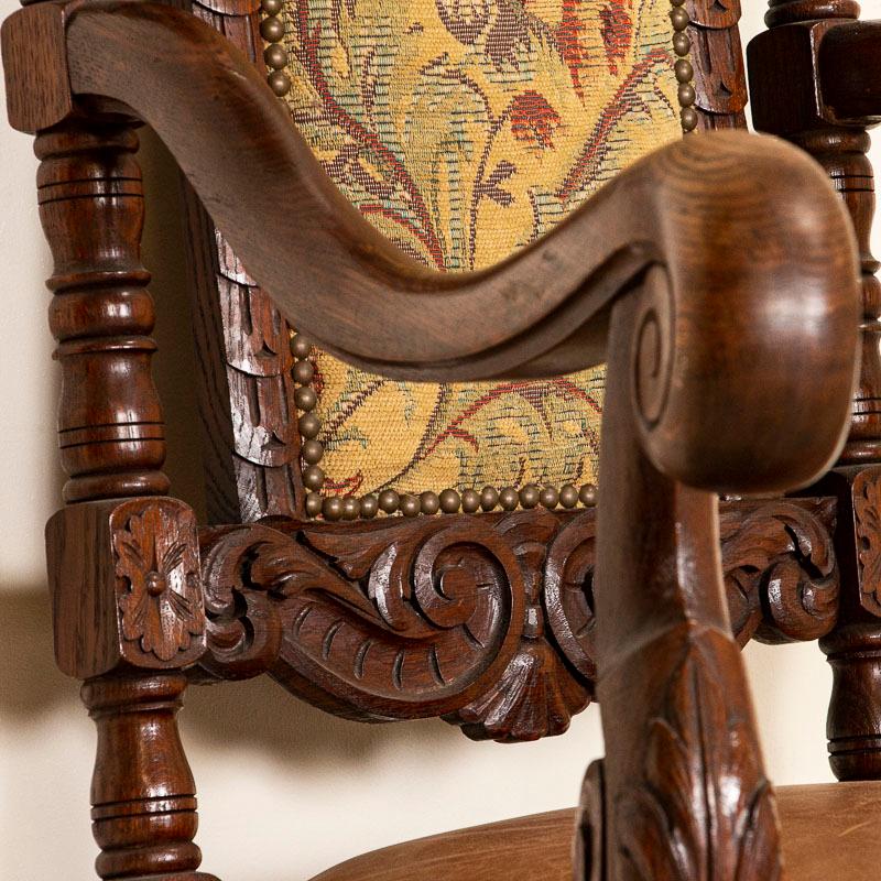 Antique Baroque Carved Armchair with Leather Seat and Upholstered Back In Good Condition In Round Top, TX