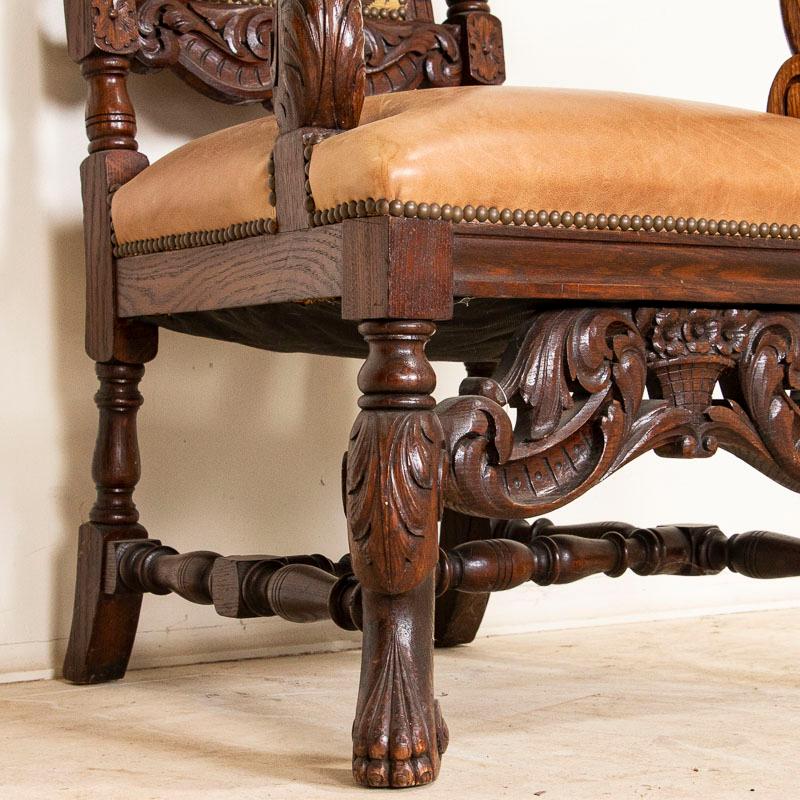 Antique Baroque Carved Armchair with Leather Seat and Upholstered Back 1