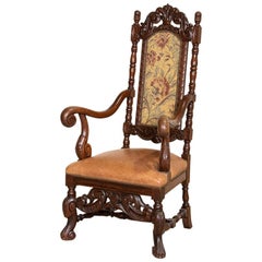 Antique Baroque Carved Armchair with Leather Seat and Upholstered Back