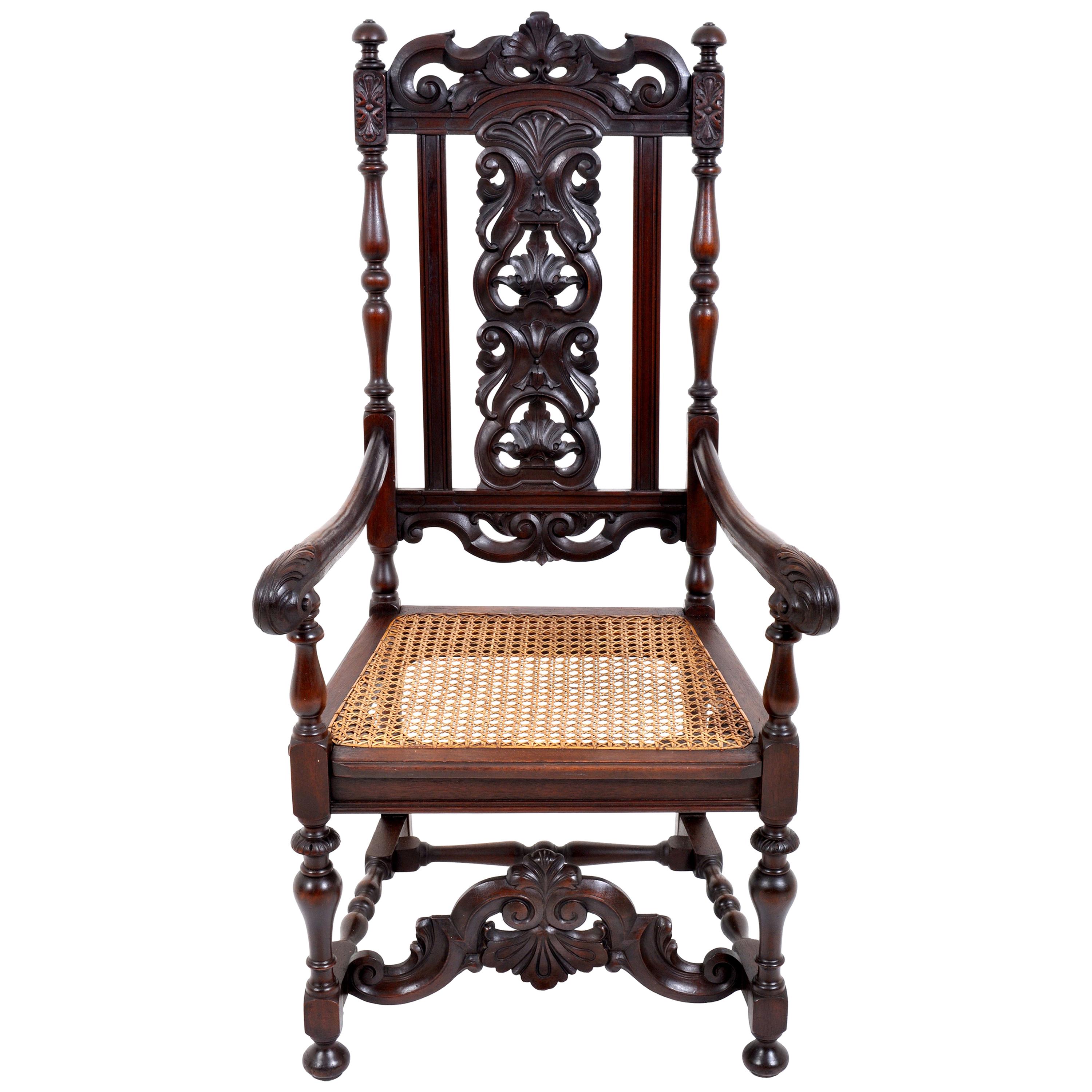 Antique Baroque Carved Walnut Throne Chair, circa 1880