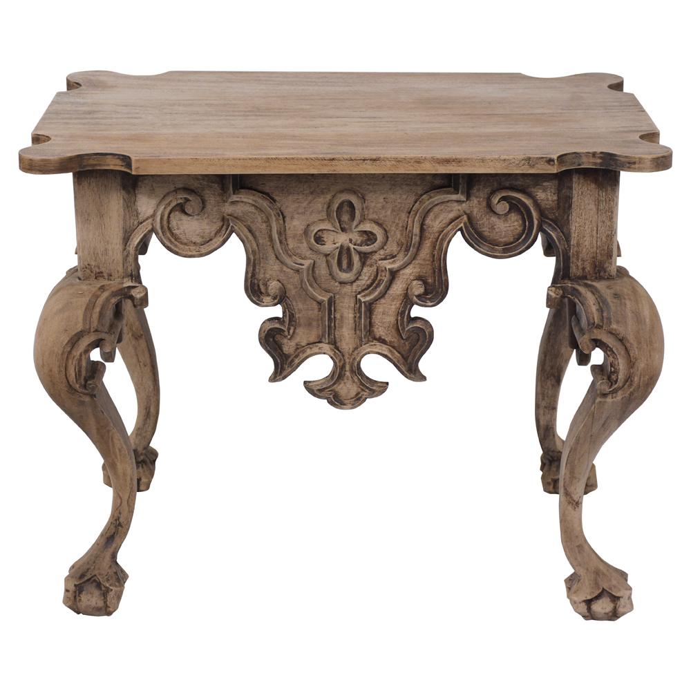 An intricate Spanish center table handcrafted out of walnut wood, feature a bleached wood finish in good condition. Solid wood tabletop the edges of the table are heavily carved with Romanesque motif designs and the intricate flow of the edges is