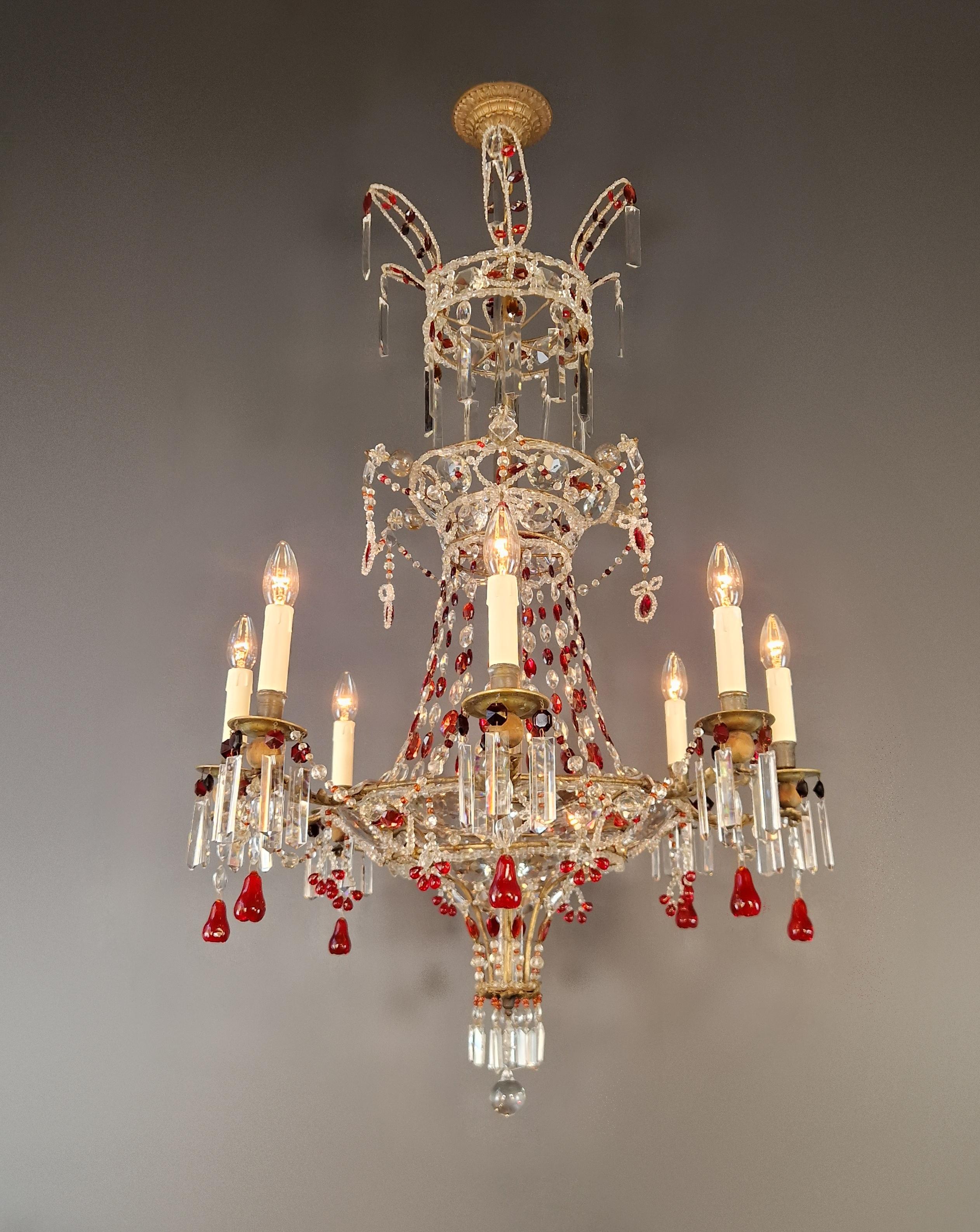 Italian Antique Baroque Chandelier from 1860 Fully Restored Masterpiece Red Crystal For Sale