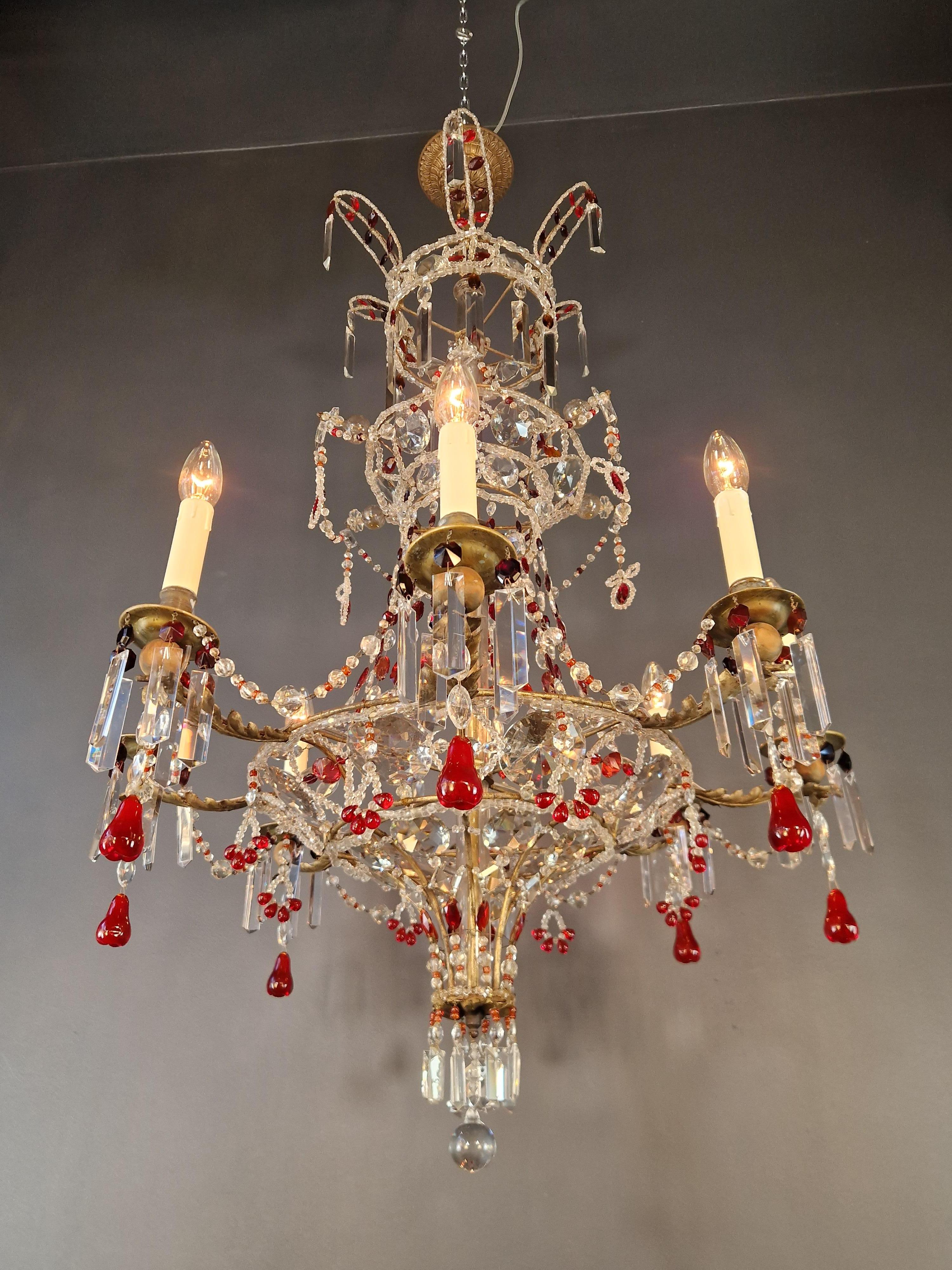 Hand-Knotted Antique Baroque Chandelier from 1860 Fully Restored Masterpiece Red Crystal For Sale