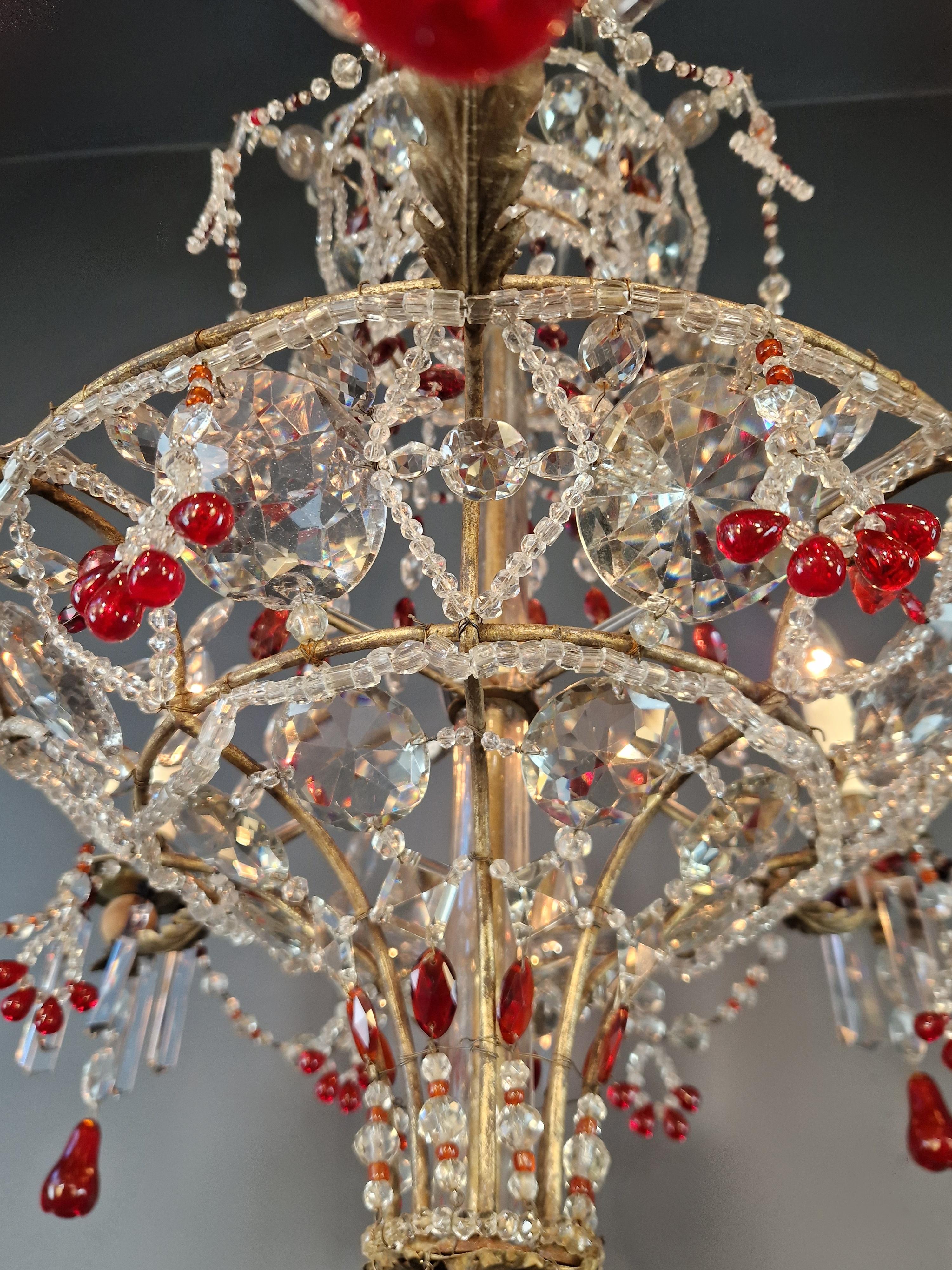 Brass Antique Baroque Chandelier from 1860 Fully Restored Masterpiece Red Crystal For Sale