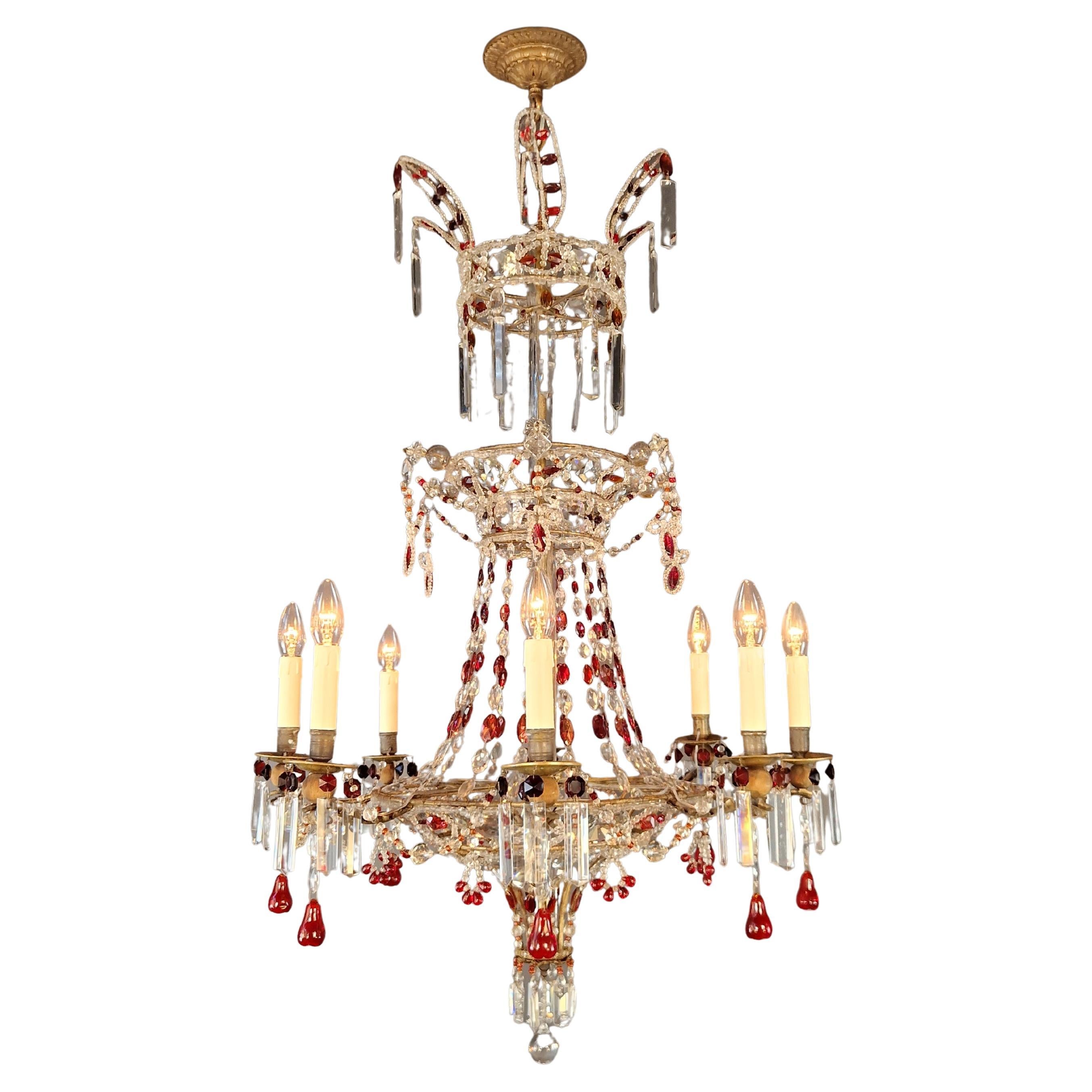 Antique Baroque Chandelier from 1860 Fully Restored Masterpiece Red Crystal For Sale