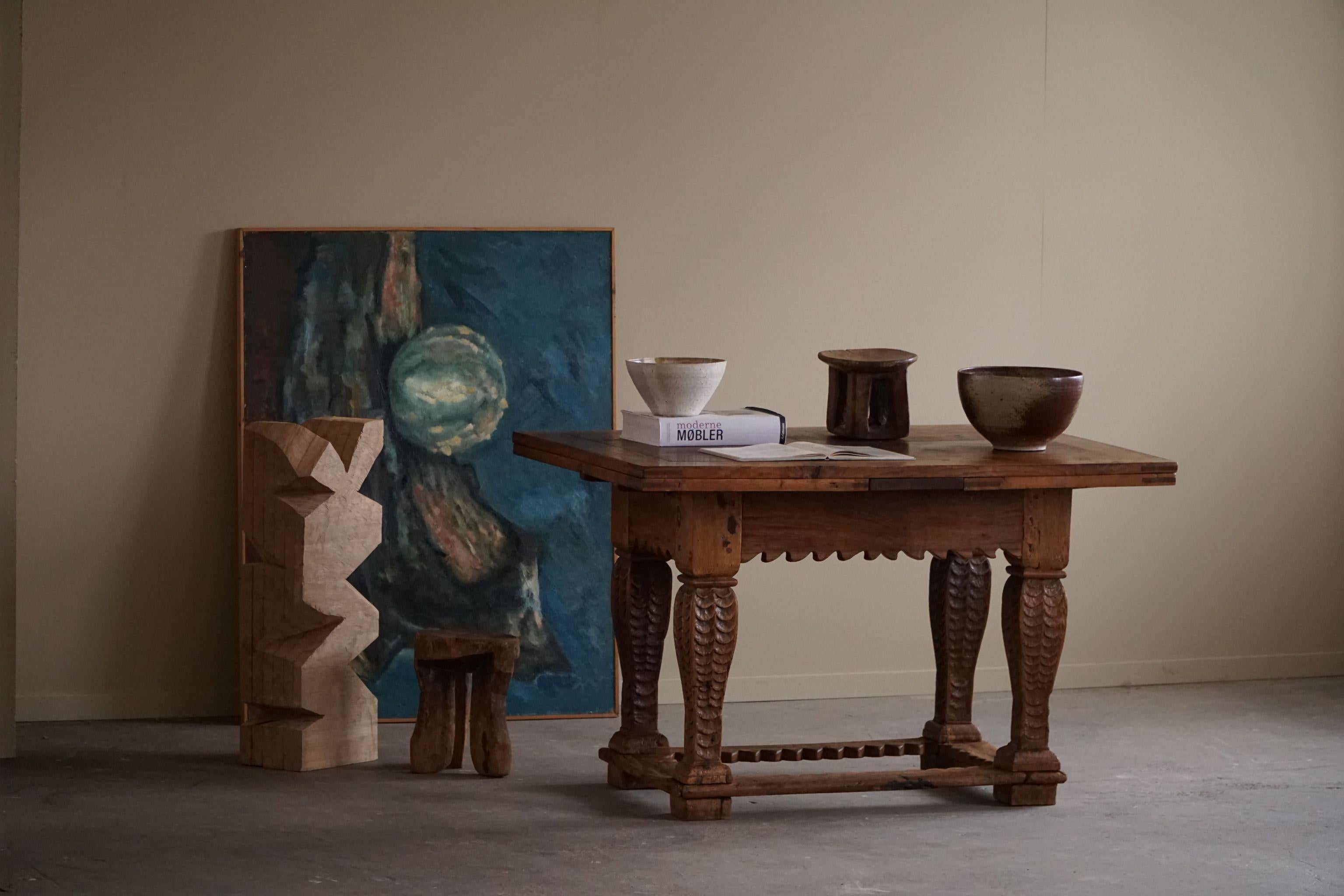Brutalisme Table de salle à manger/de bureau baroque ancienne en chêne, ébéniste danois, 19ème siècle  en vente