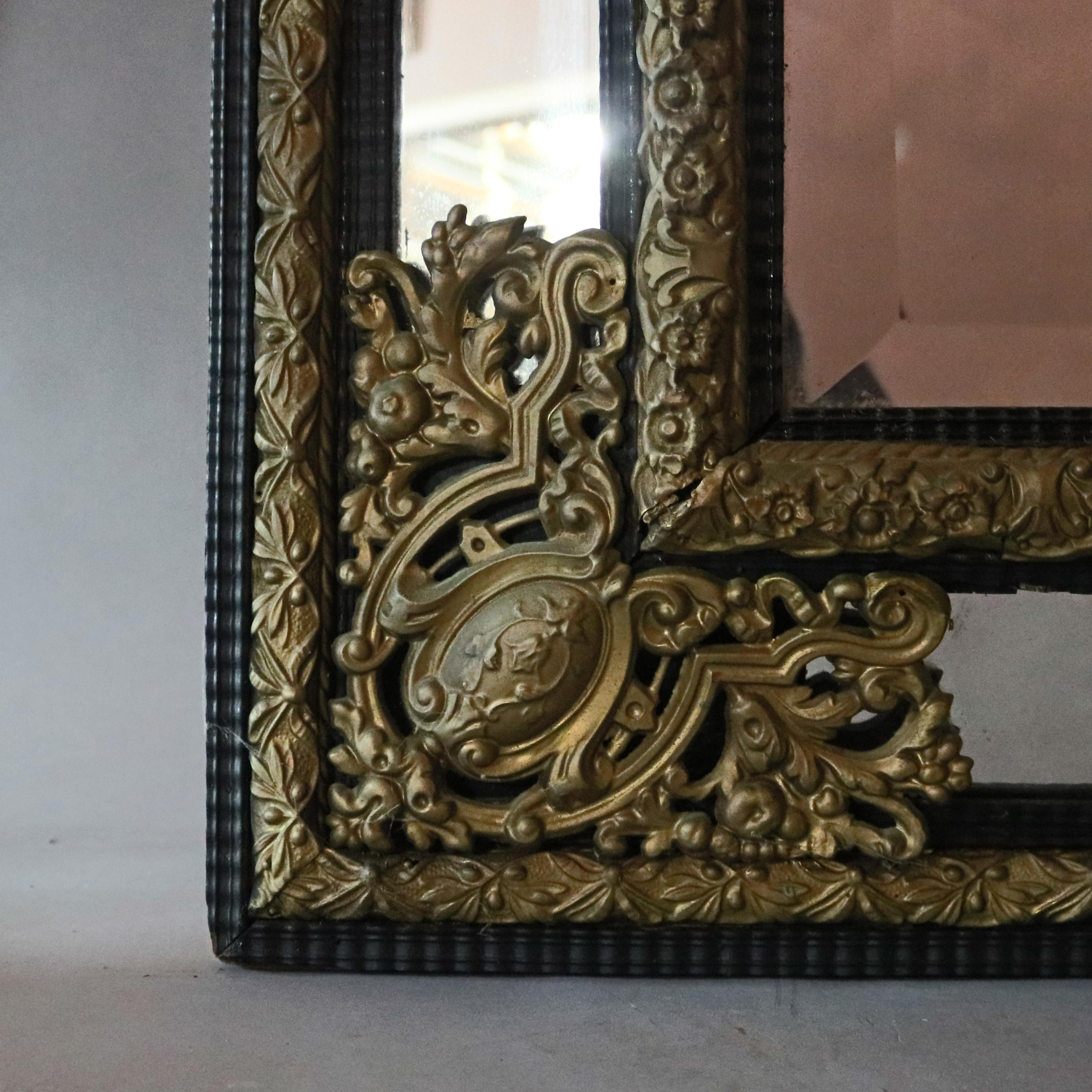 European Antique Baroque Ebonized Wood & Bronzed Filigree Parclose Wall Mirror circa 1890