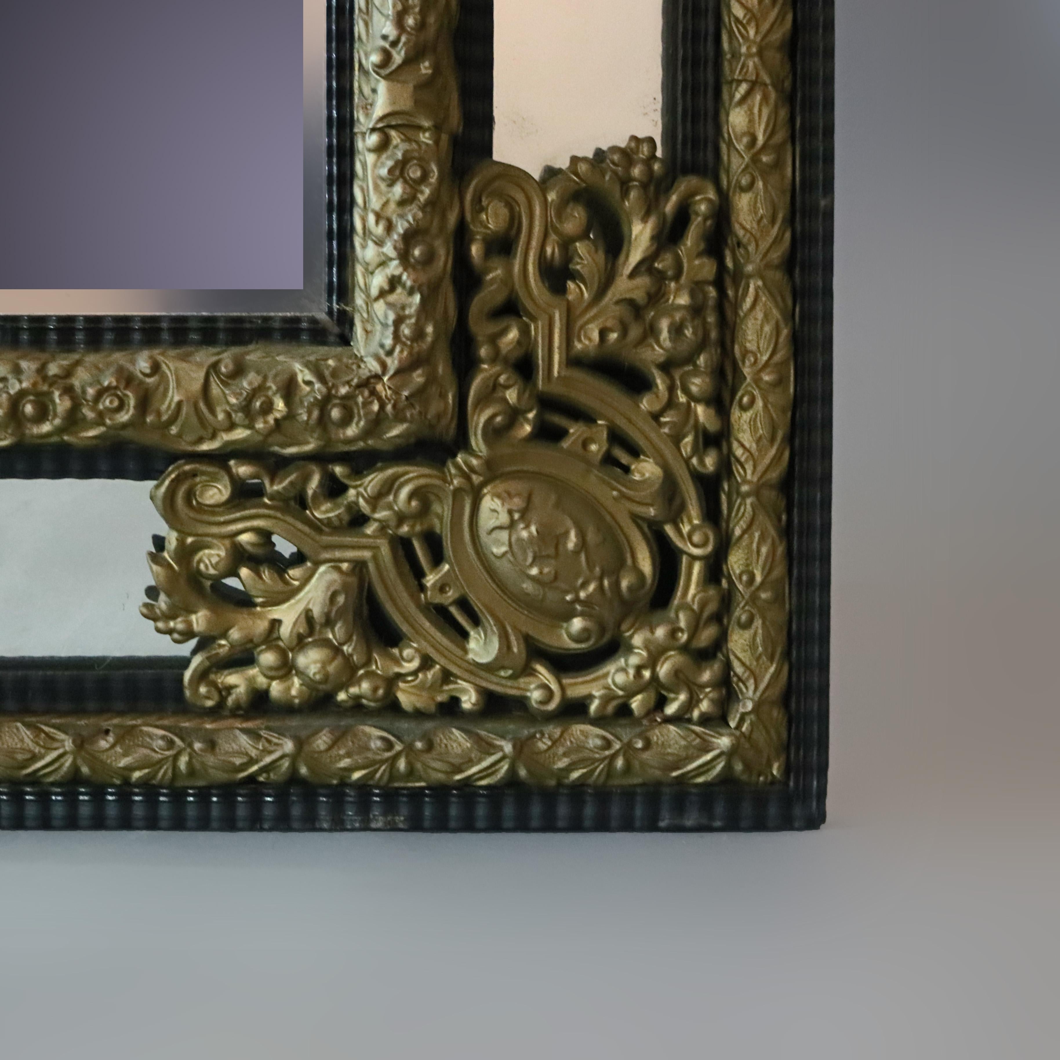 Beveled Antique Baroque Ebonized Wood & Bronzed Filigree Parclose Wall Mirror circa 1890