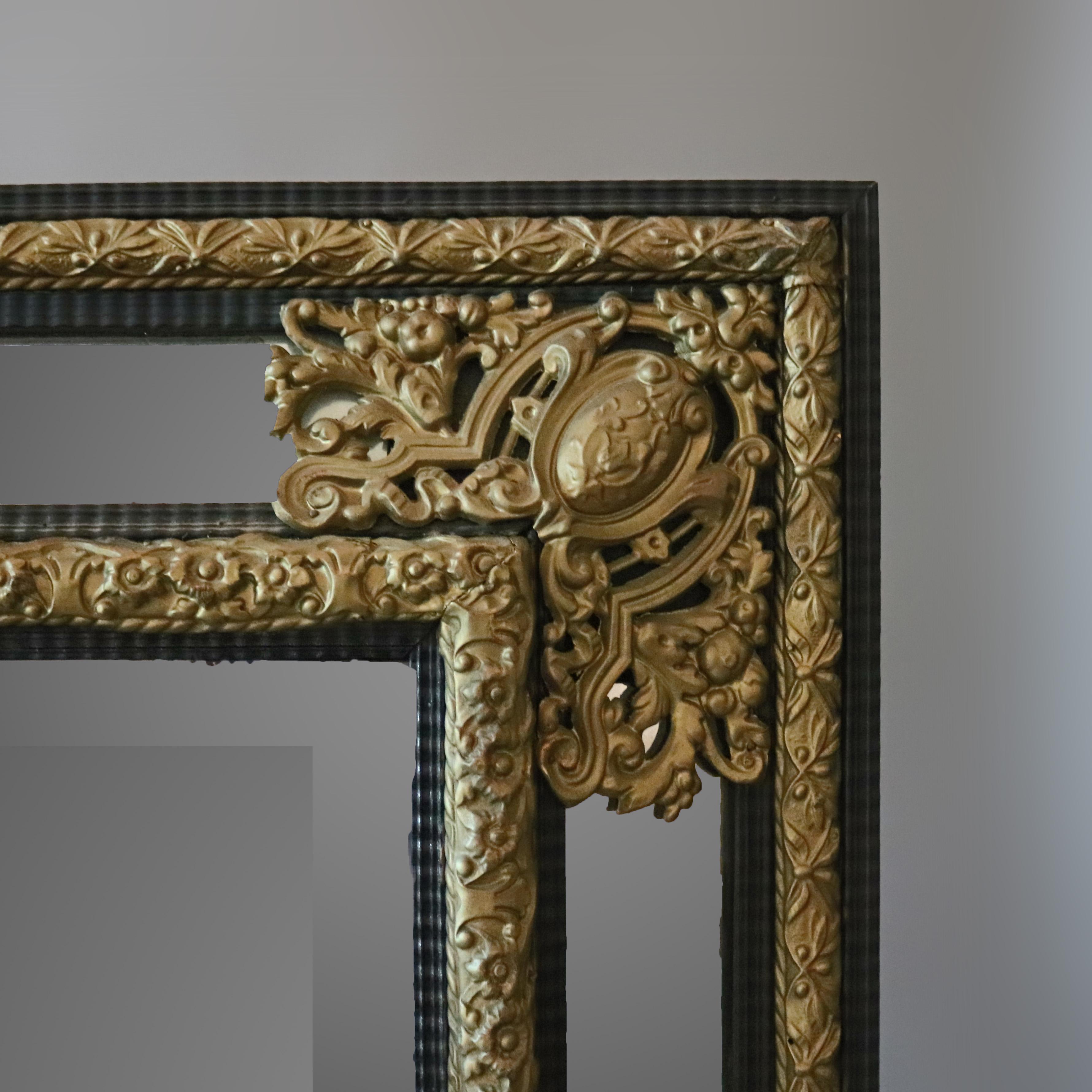 Antique Baroque Ebonized Wood & Bronzed Filigree Parclose Wall Mirror circa 1890 In Good Condition In Big Flats, NY