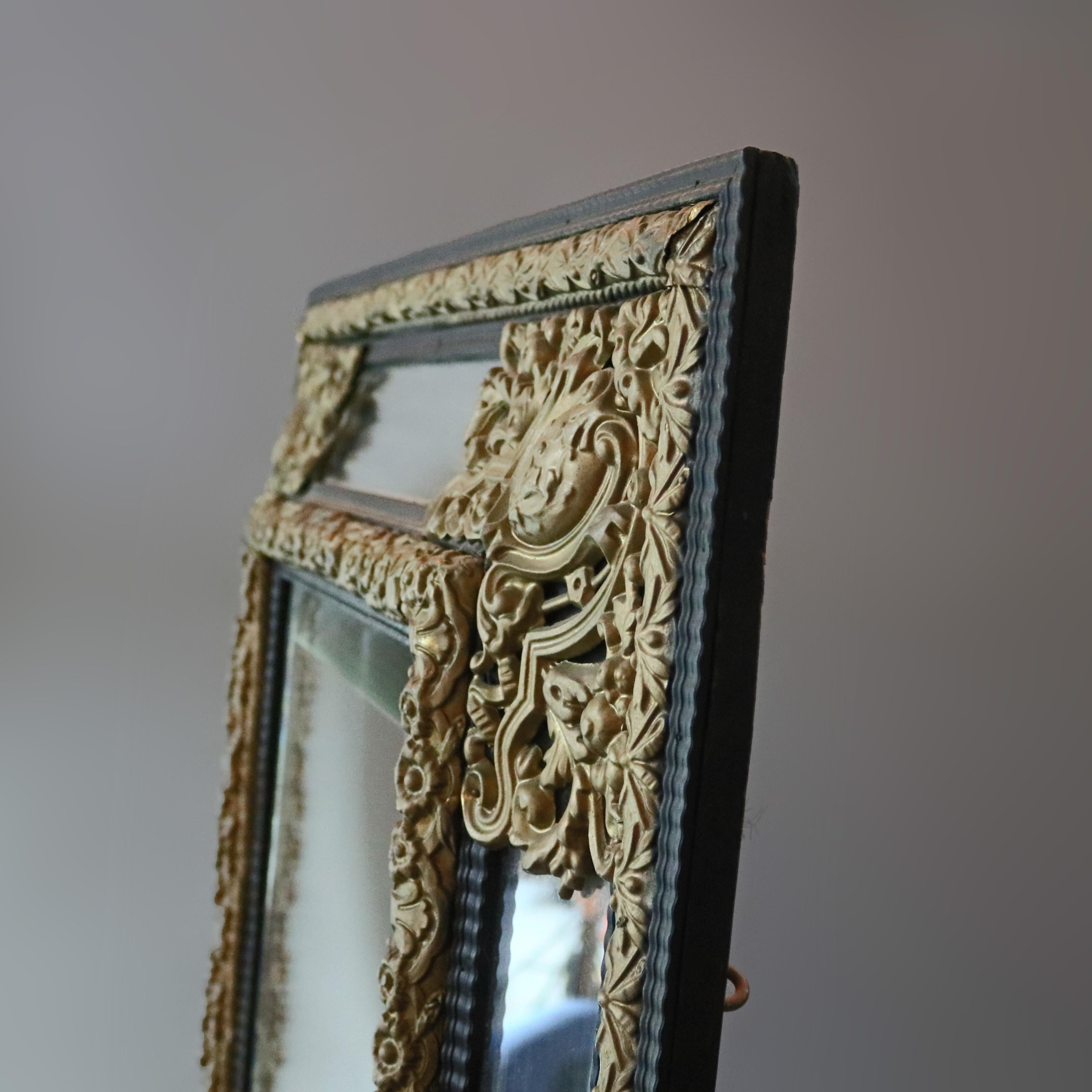 Metal Antique Baroque Ebonized Wood & Bronzed Filigree Parclose Wall Mirror circa 1890