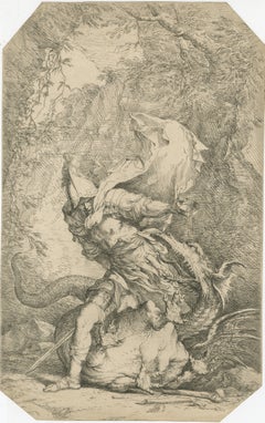 Antique Baroque Etching, Salvator Rosa, Jason and the Dragon, c.1663